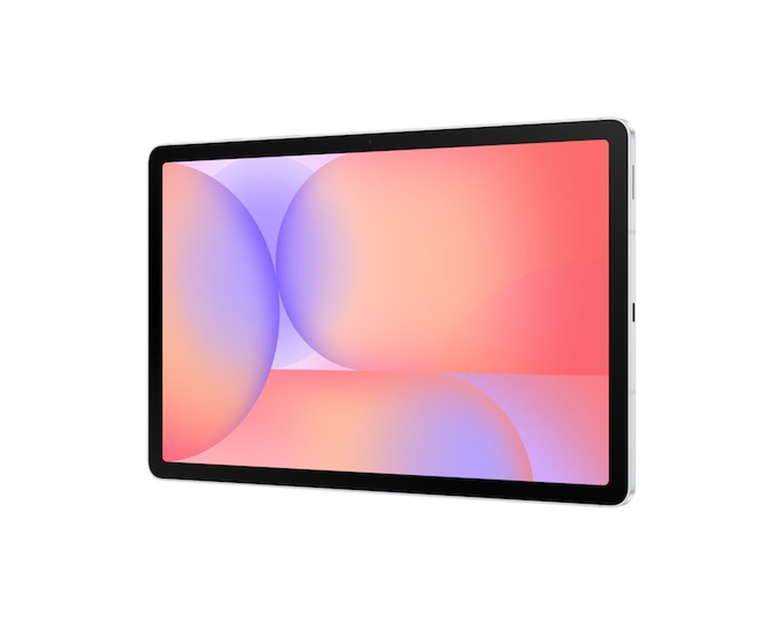 Un tablet argentato con uno sfondo colorato sullo schermo.