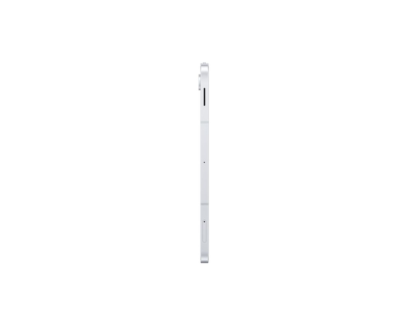 Un tablet bianco di profilo su sfondo bianco.