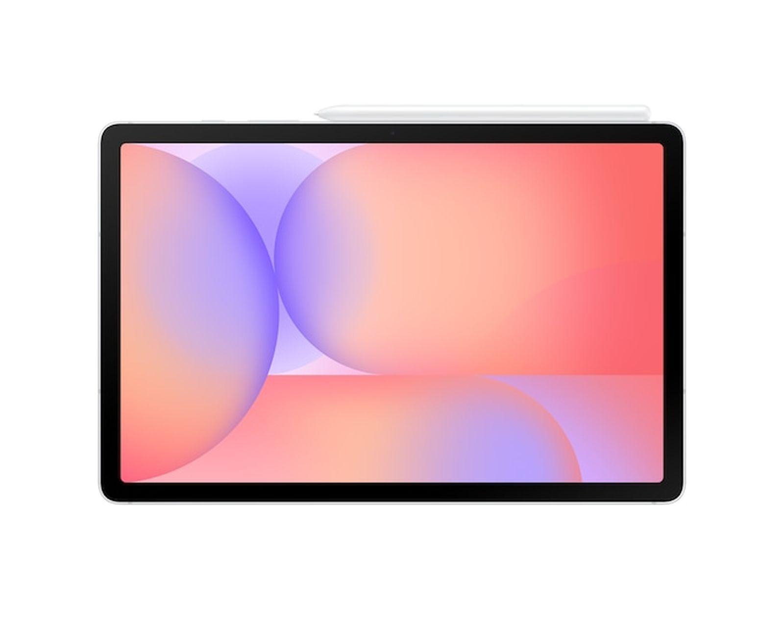 Un tablet con una penna stilo bianca visualizzato su uno sfondo bianco.