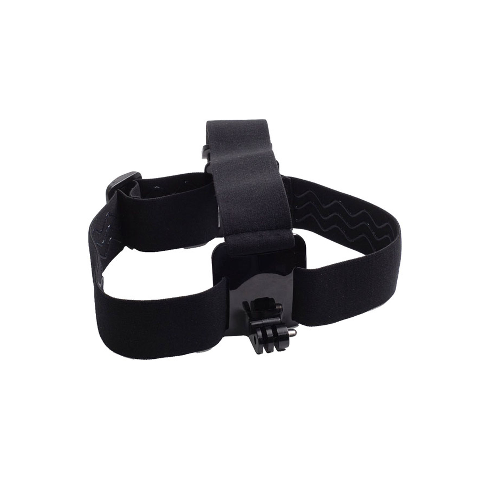 Cinturino nero per montaggio su testa GoPro con fibbia regolabile e clip a sgancio rapido.
