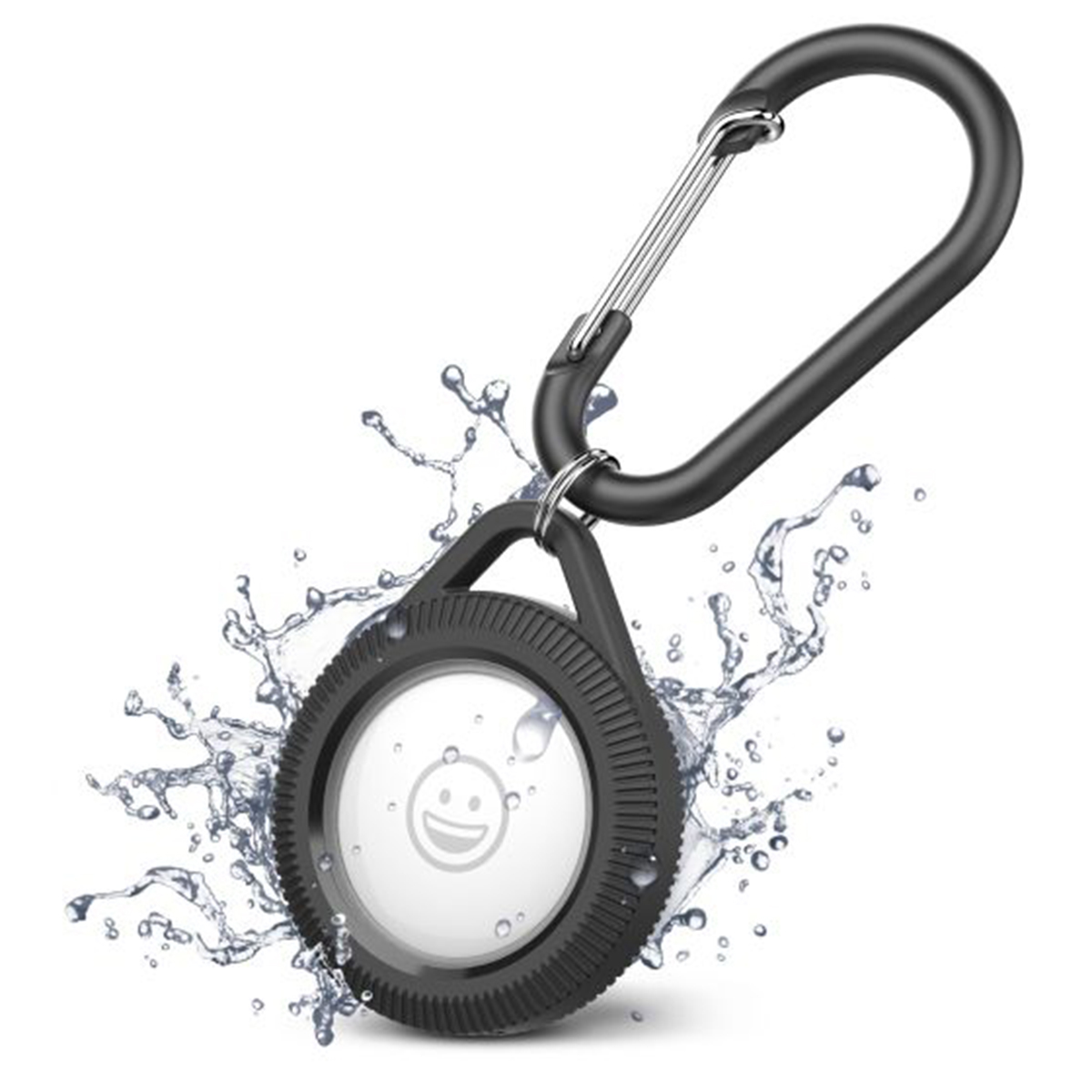 Un tracker bianco con faccina sorridente in custodia nera, schizzato d'acqua.