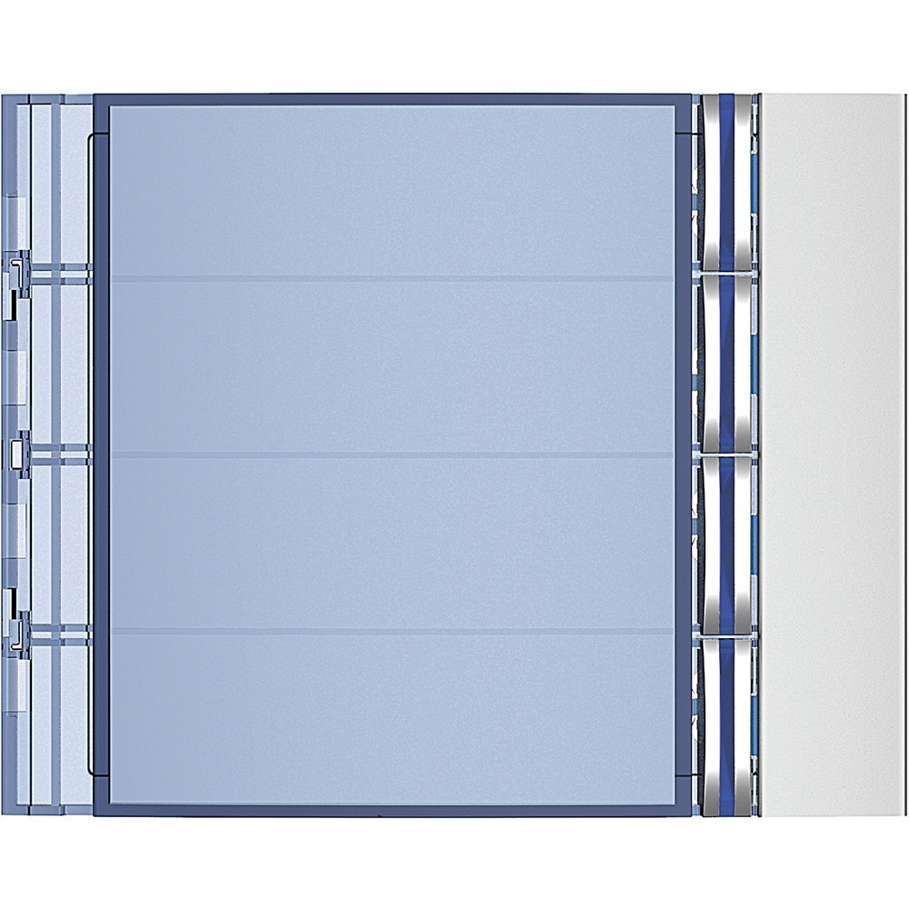 Porta blu chiaro con strisce argentate verticali e cornice scura.