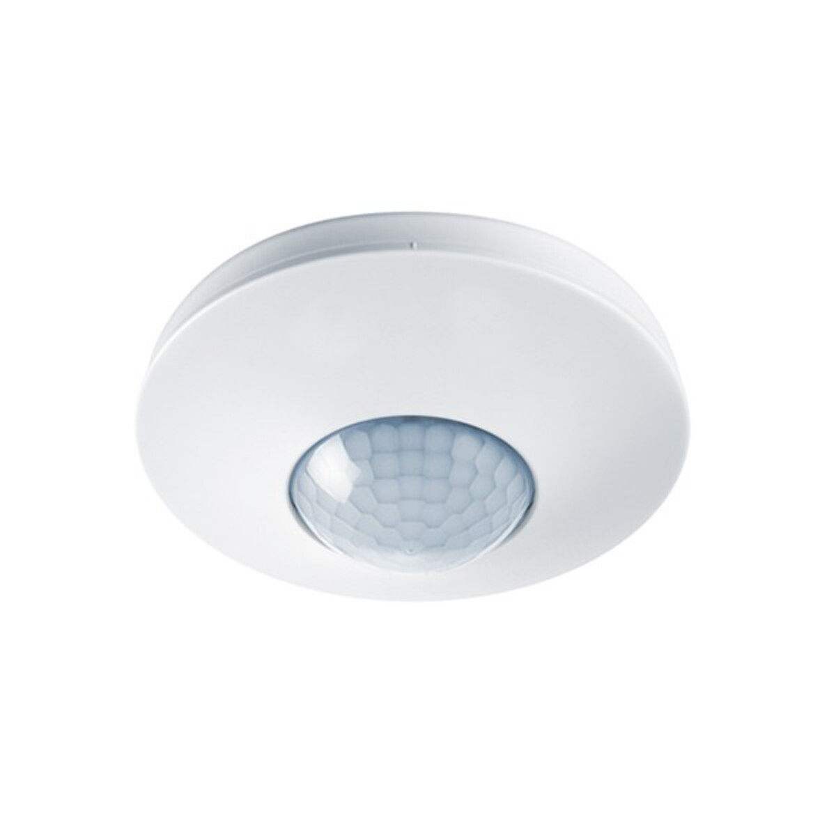 Un rilevatore di movimento bianco da soffitto con cupola blu.