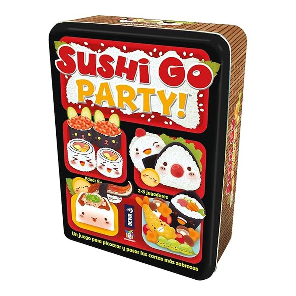 Sushi Go Party! speldoos met sushi-illustraties, leeftijd 8+, 2-8 spelers.