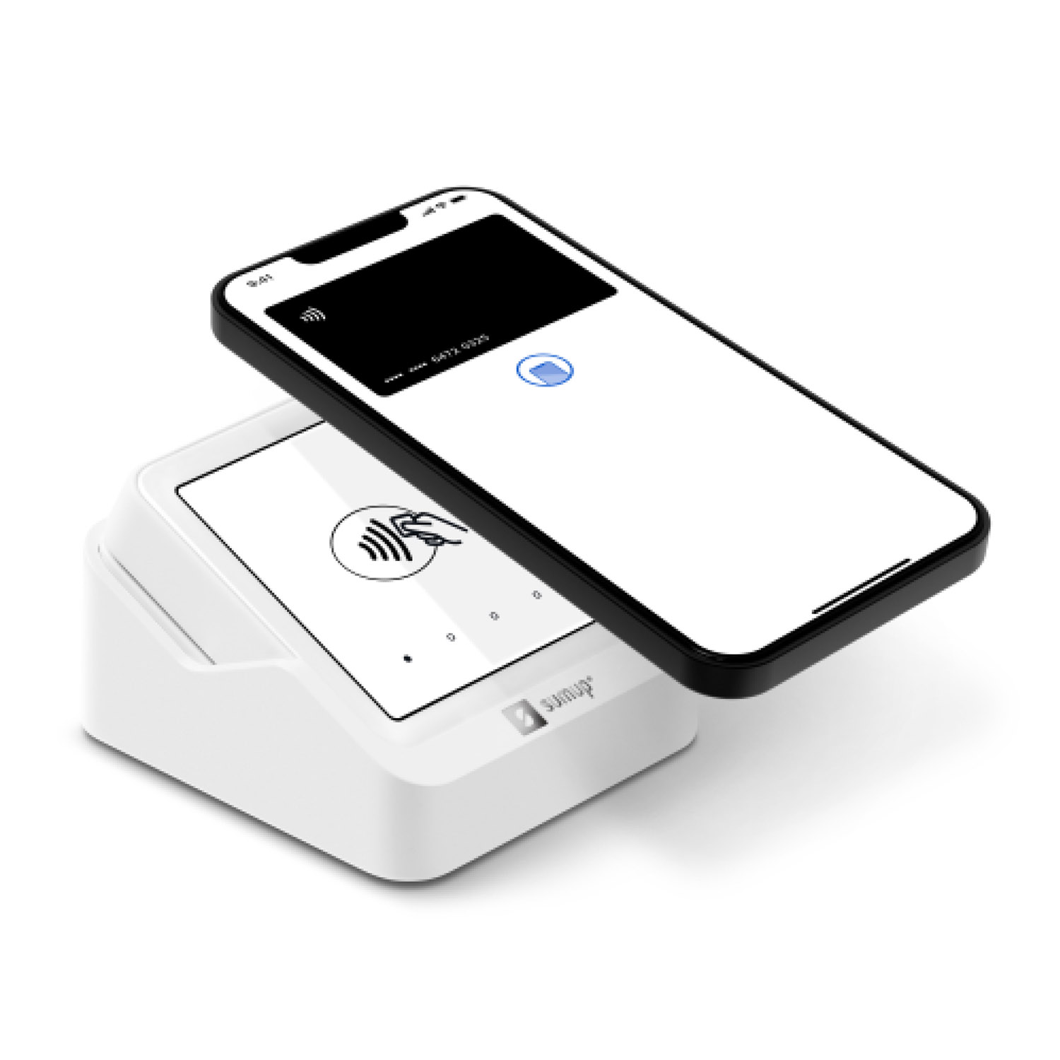 Ein Smartphone liegt über einem weißen Kartenterminal mit NFC-Symbol.