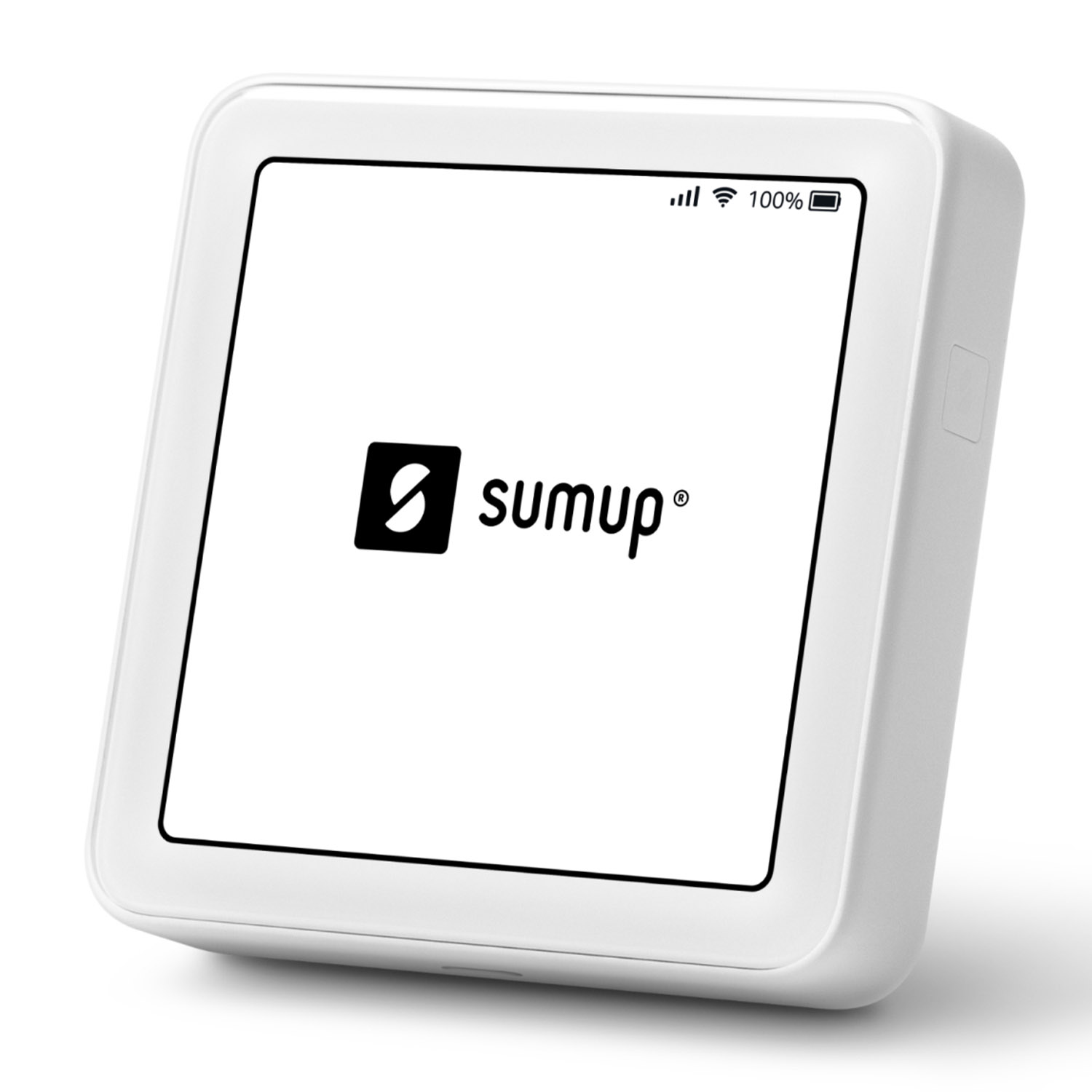 Ein weißes SumUp-Zahlungsterminal mit schwarzem Logo und 100% Akku.
