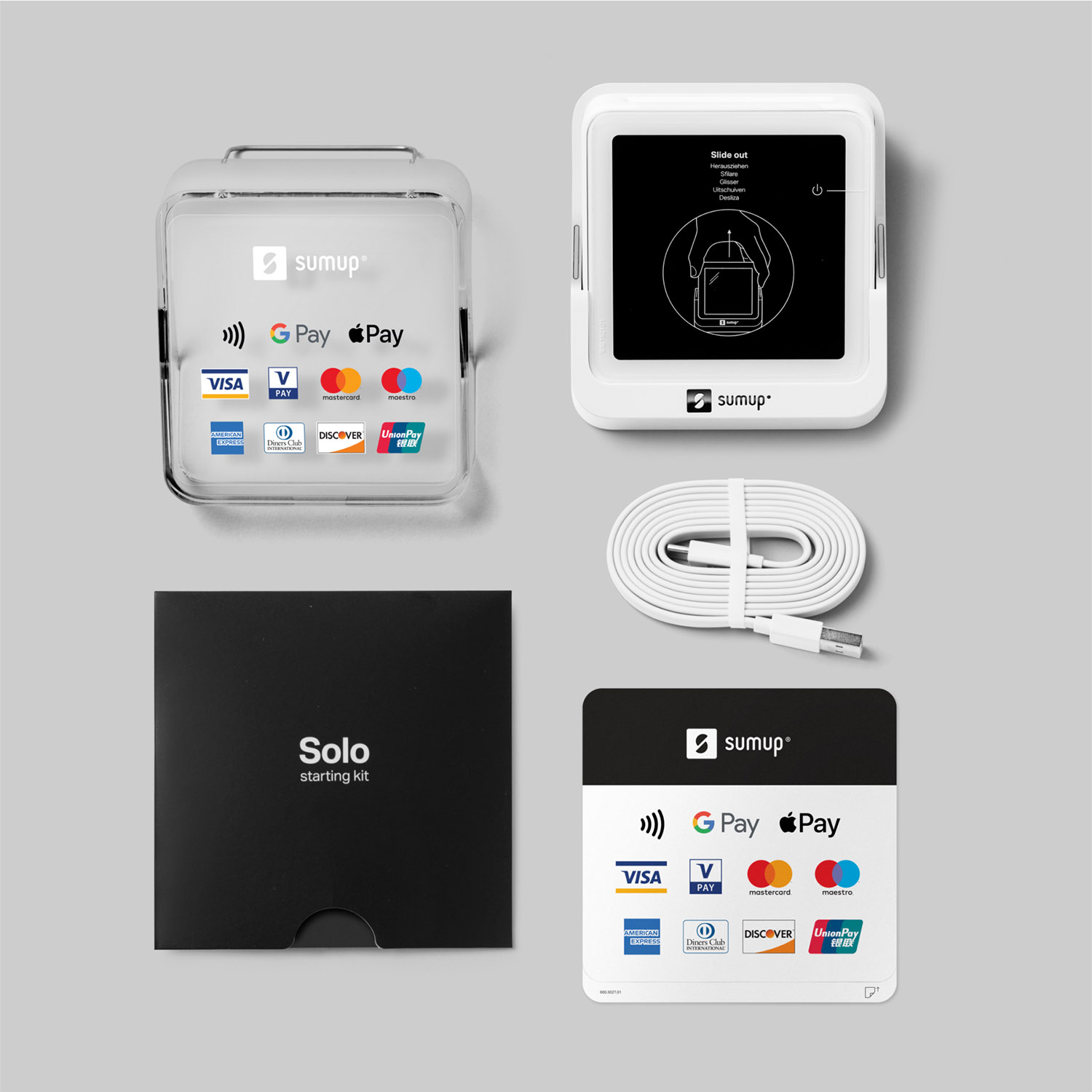 SumUp Solo Starter Kit mit Kartenleser, Kabel und Box.