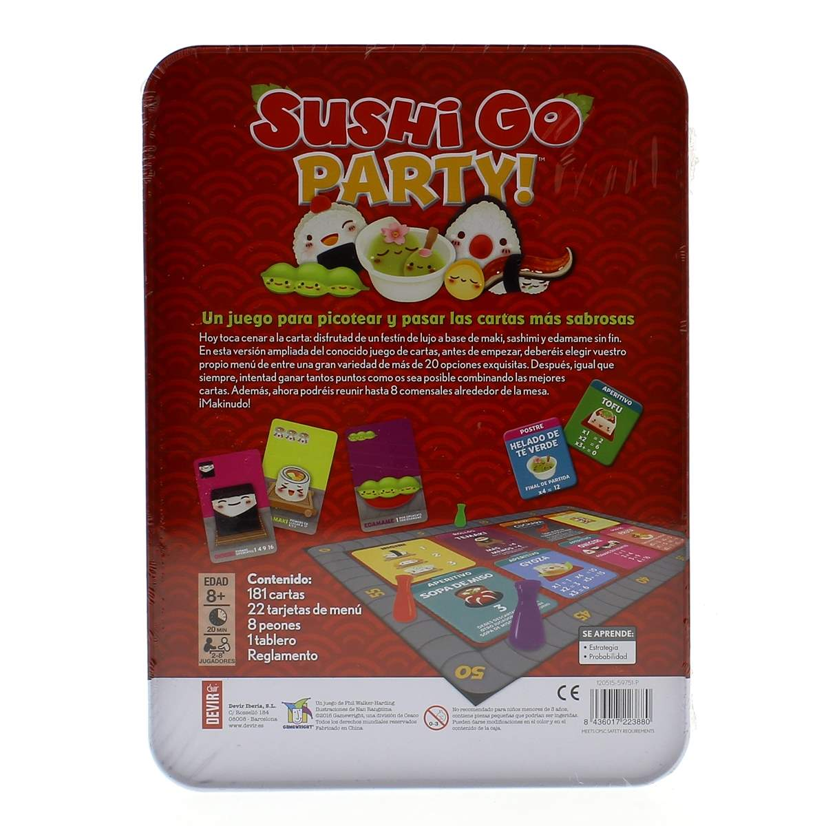 Sushi Go Party! bordspeldoos met kaarten en spelonderdelen op rode achtergrond.
