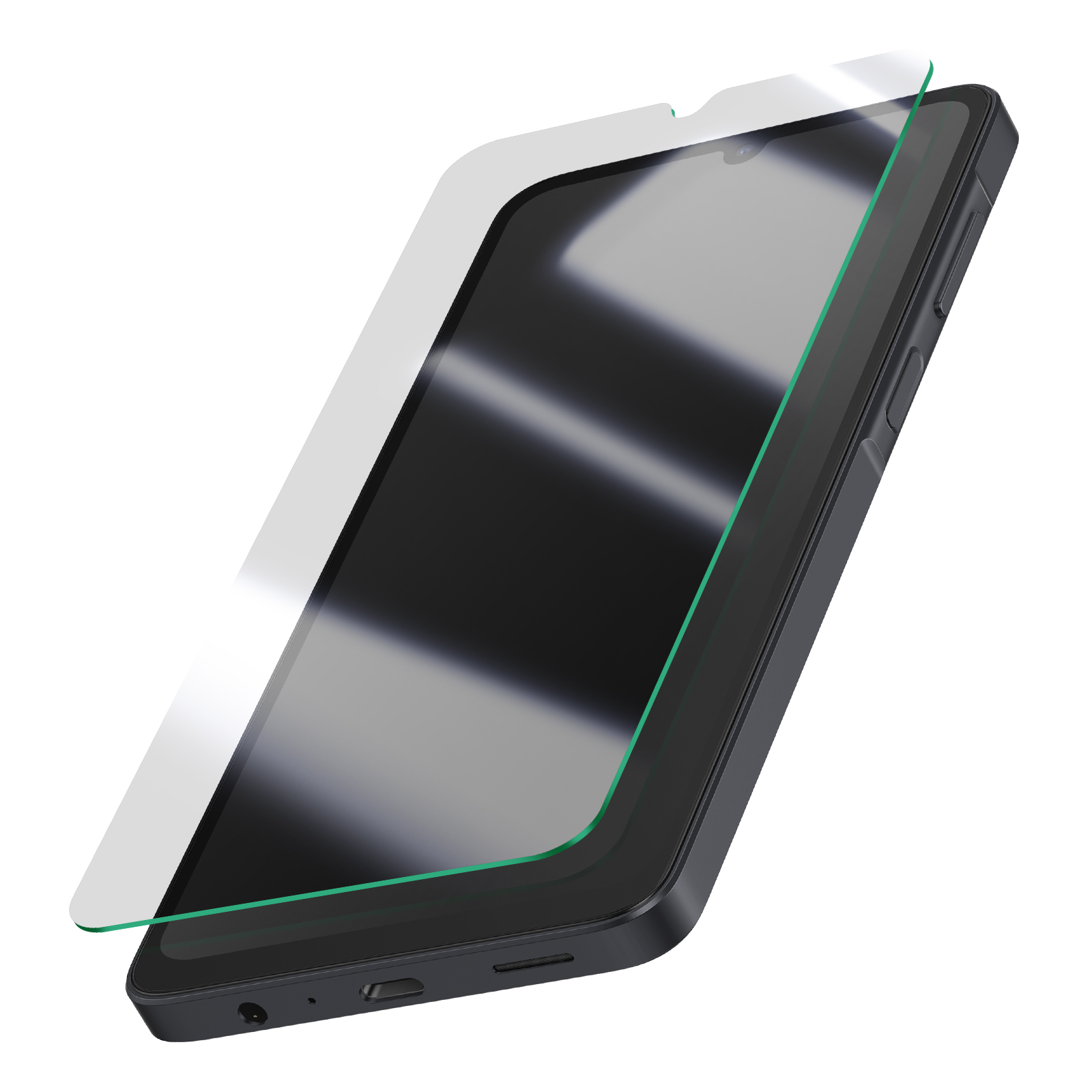 Een doorzichtige screenprotector zweeft boven een zwarte smartphone op witte achtergrond.