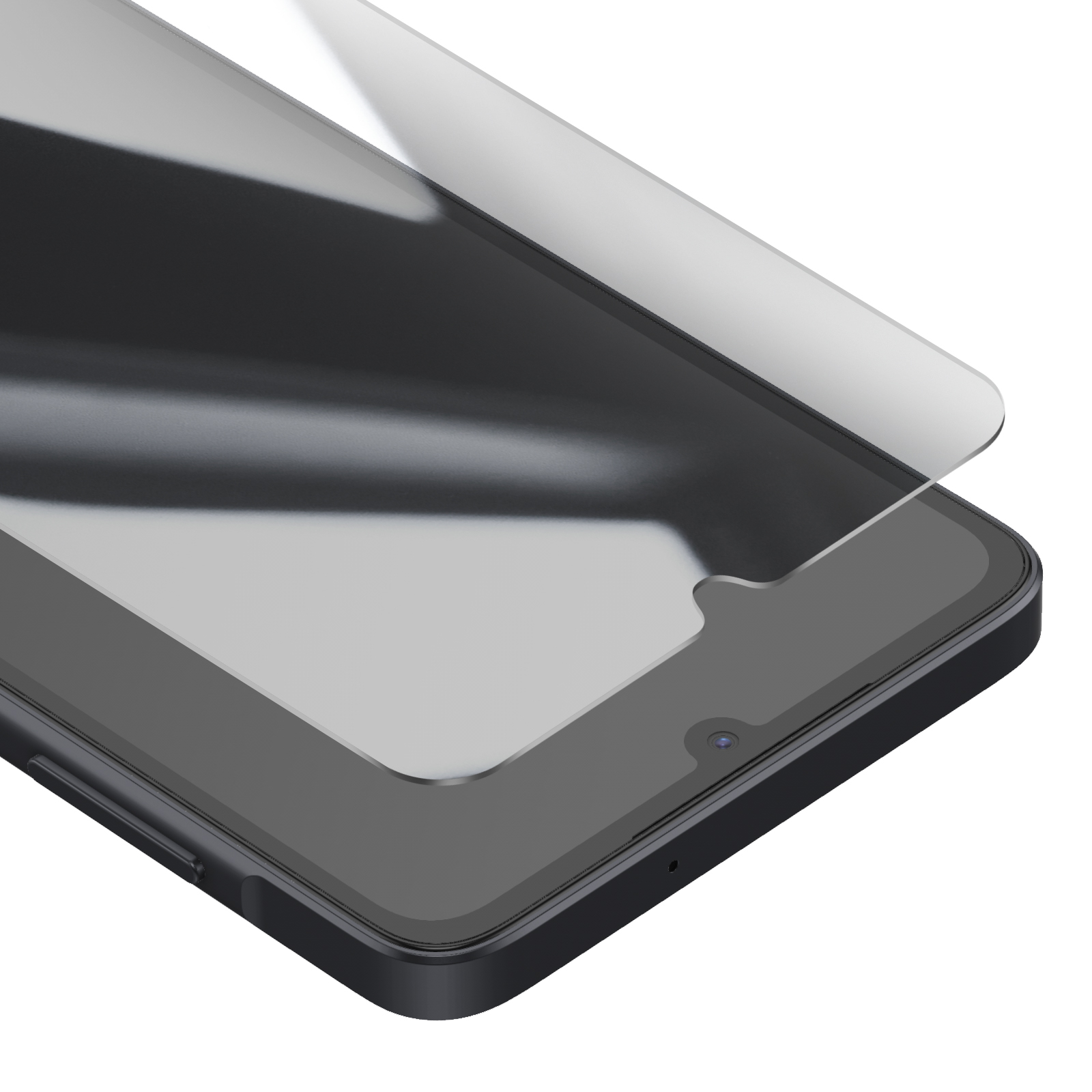 Een heldere screenprotector ligt over een donker smartphone-scherm.