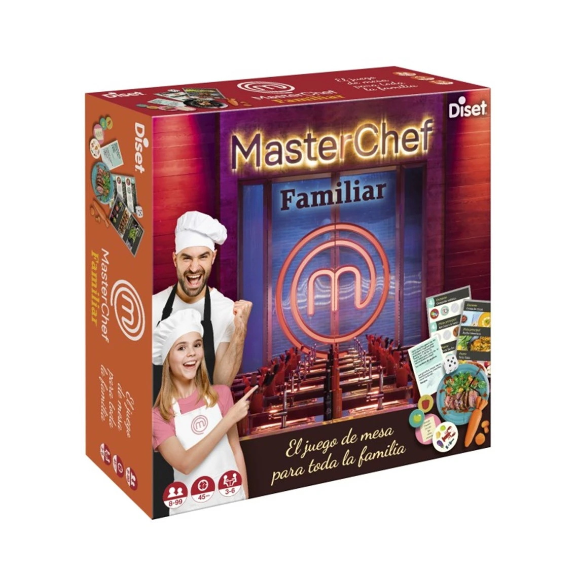 Scatola del gioco da tavolo MasterChef Familiar con uomo e ragazza in cappelli da chef.