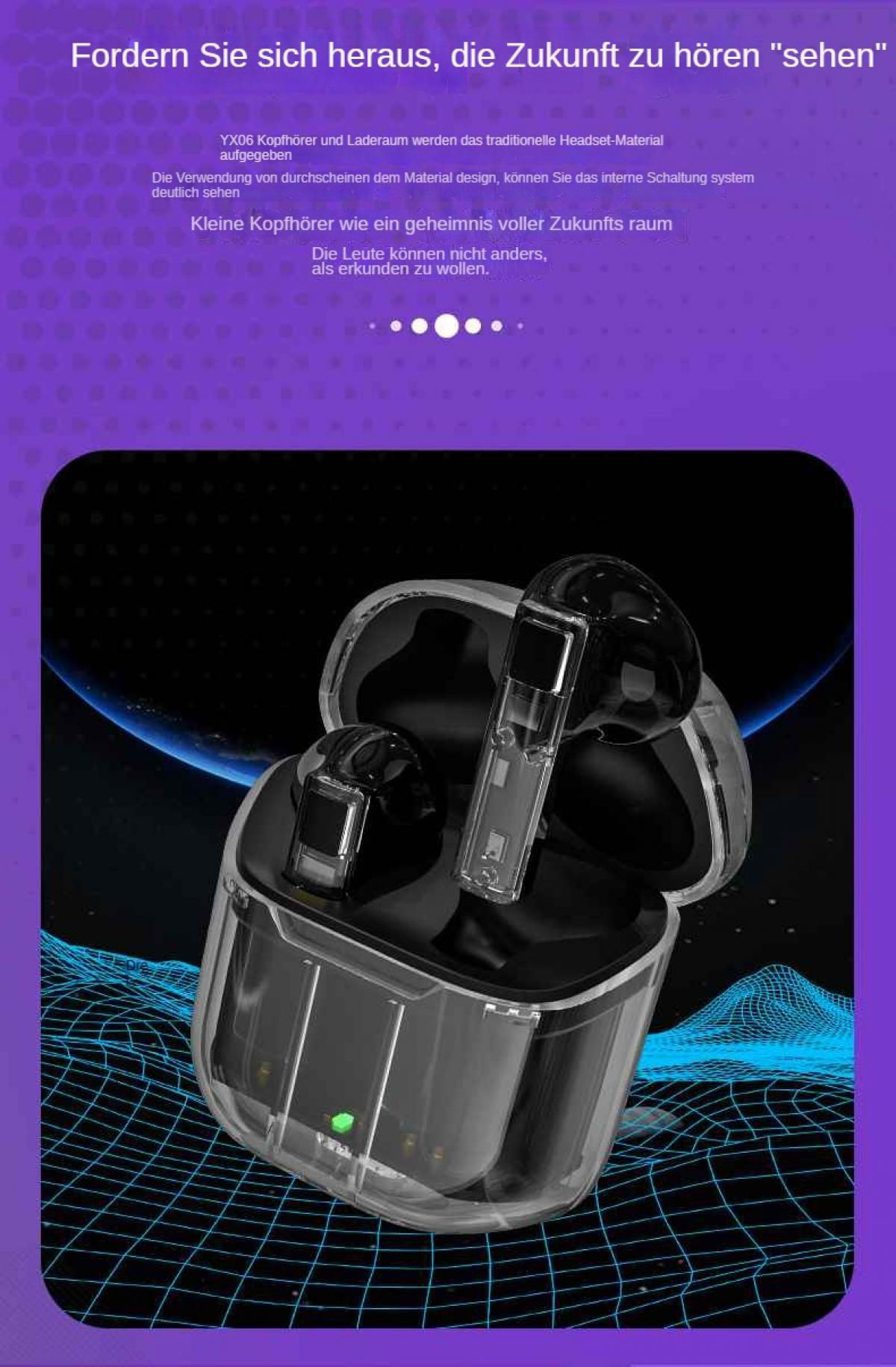Transparente Ohrhörer in einer Ladehülle mit futuristischem Hintergrund aus Gitter und Planet.