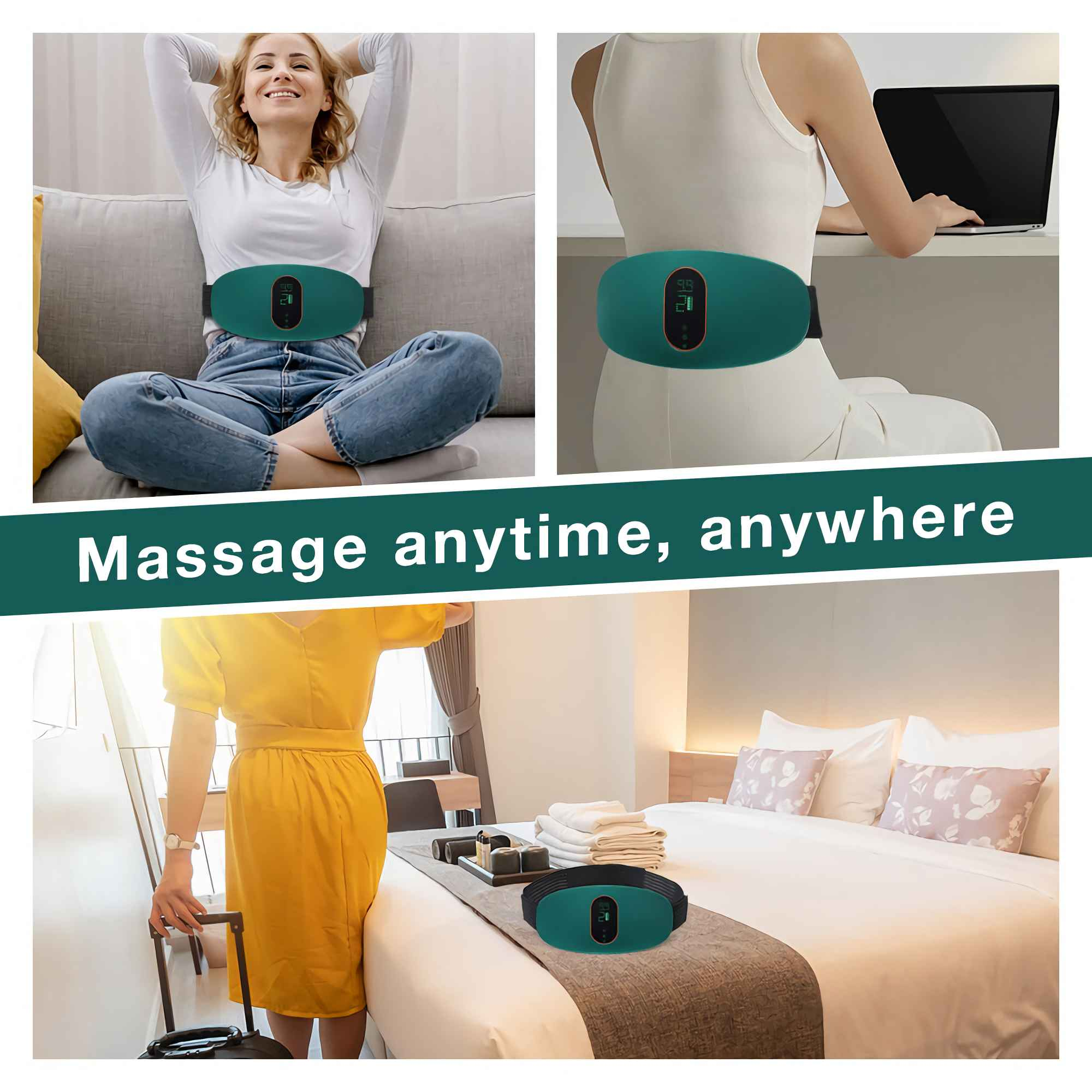 Frau entspannt auf Couch, arbeitet am Schreibtisch, im Hotelzimmer mit Massagegürtel.