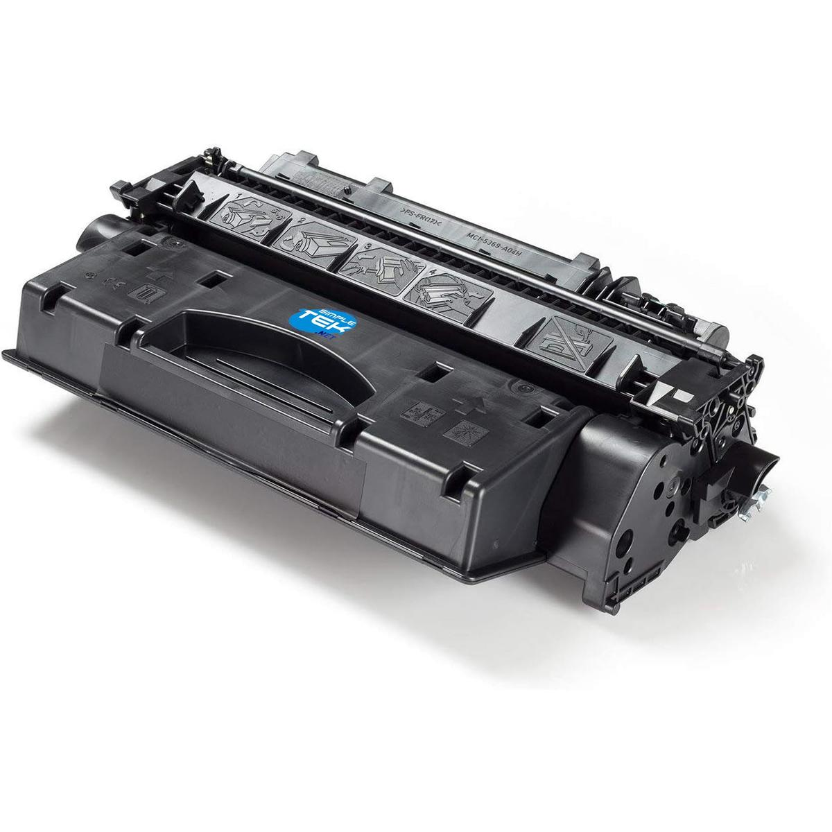 Cartuccia toner nera con logo blu e simboli.