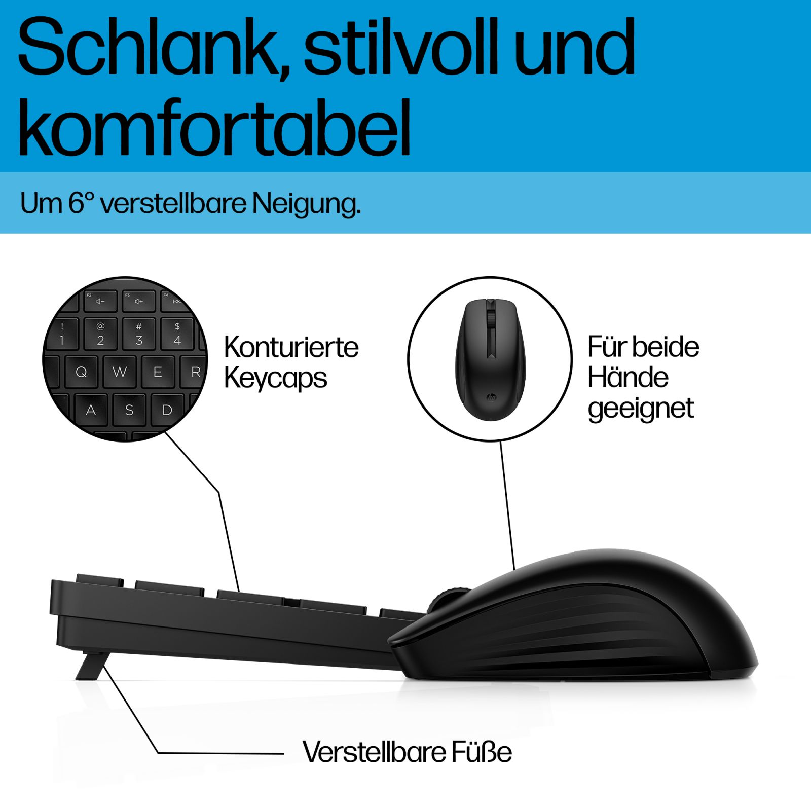 Tastiera e mouse sottili ed eleganti con piedini regolabili e tasti sagomati.
