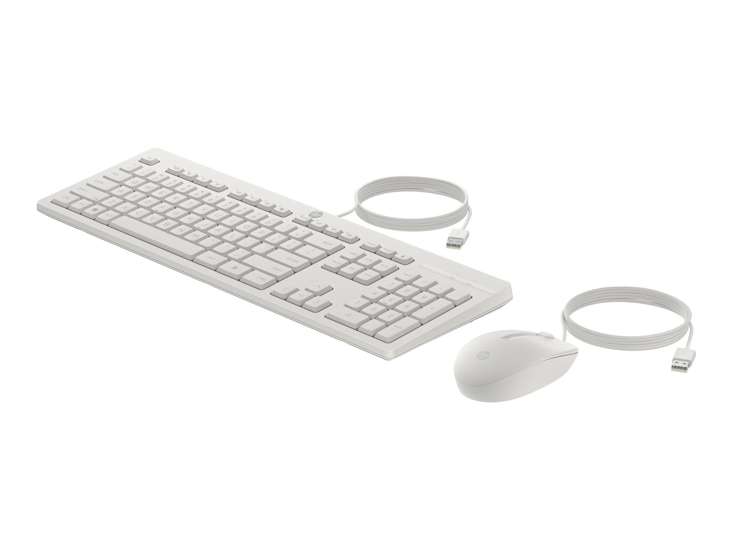 Una tastiera e un mouse HP bianchi con cavi USB sono visualizzati su sfondo bianco.