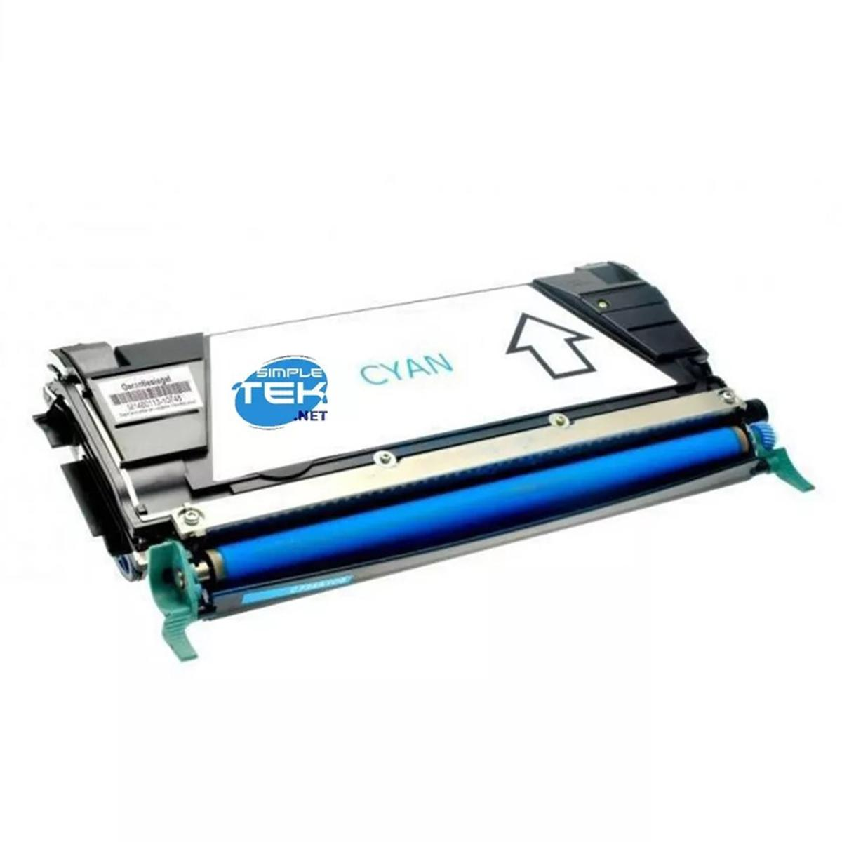 Una cartuccia toner ciano con il logo Simple Tek e una freccia su sfondo bianco.