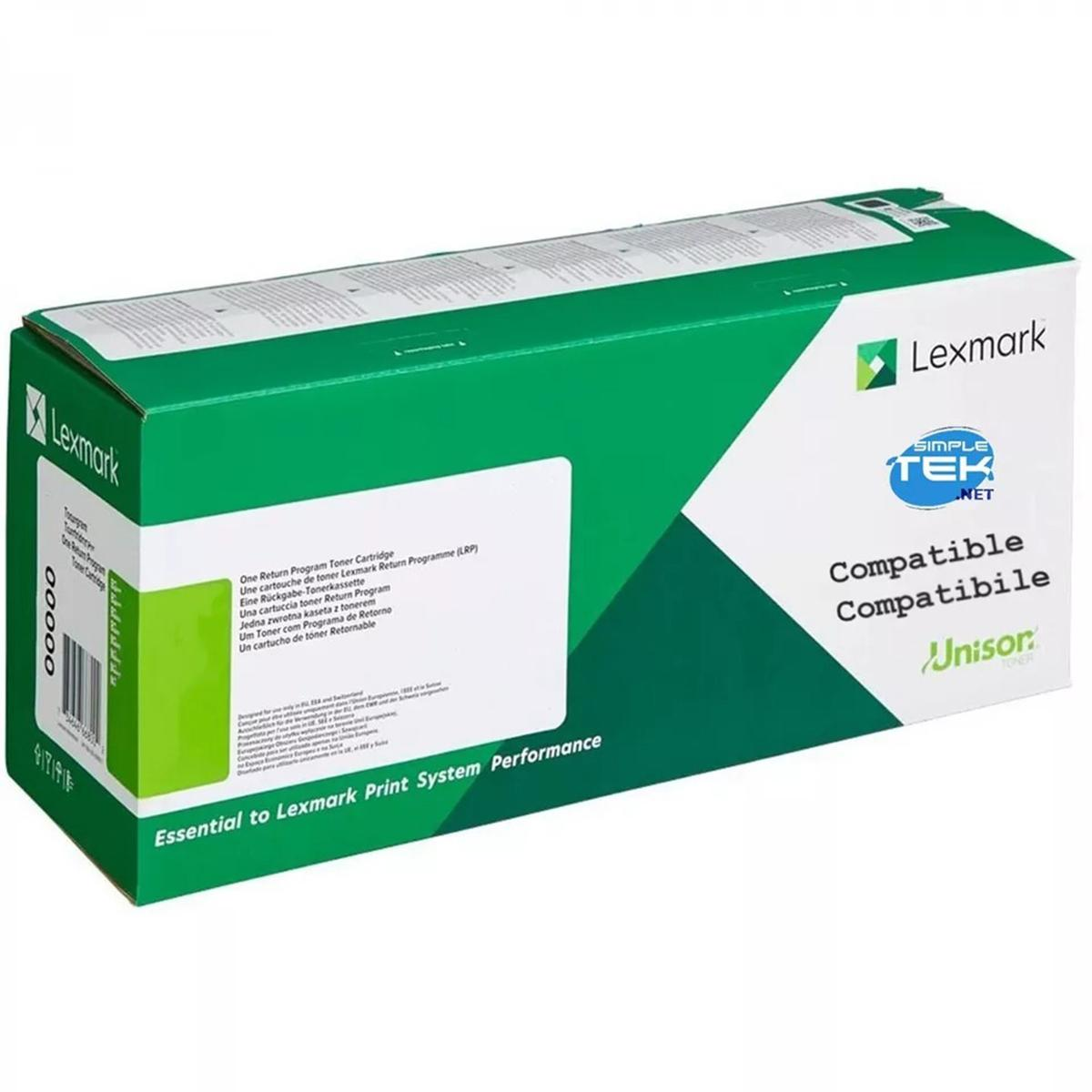 Scatola verde Lexmark con dettagli toner e informazioni compatibilità.