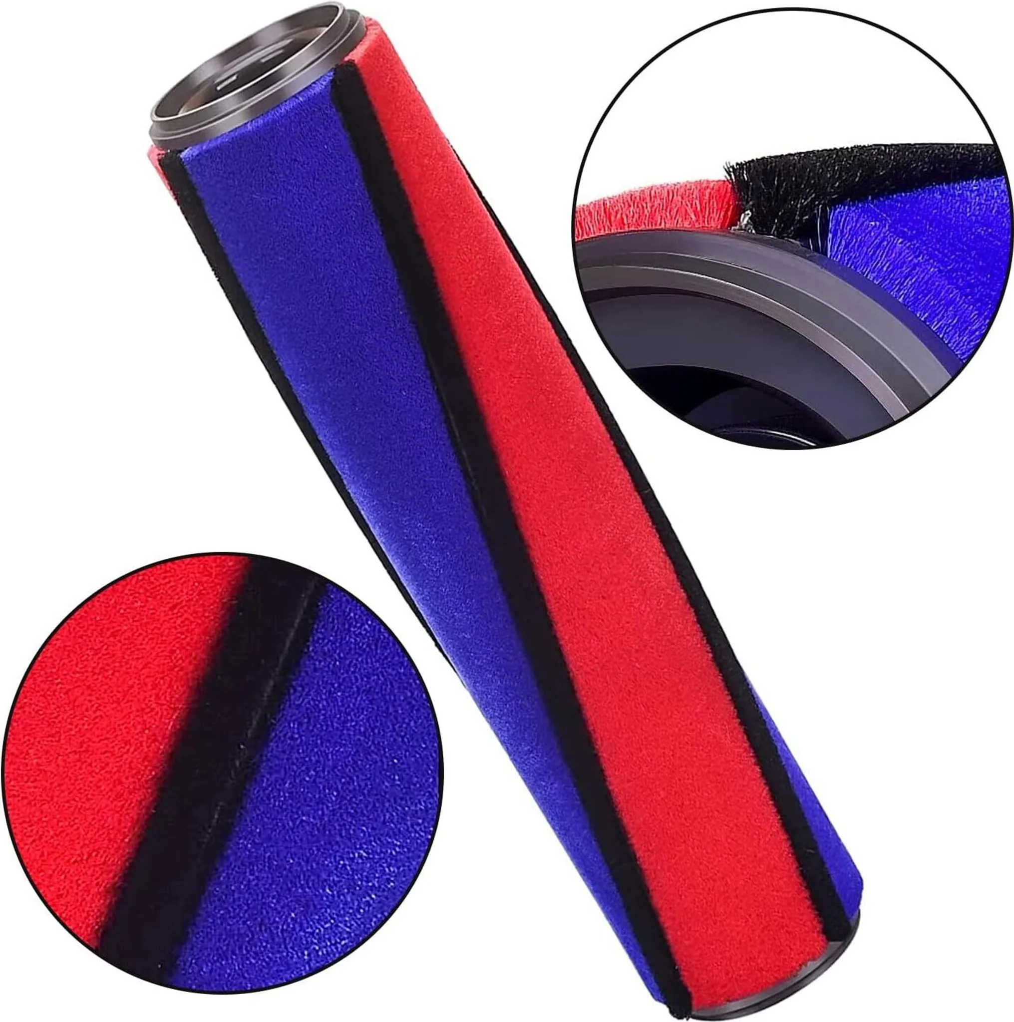 Eine rot-blaue Bürstenrolle mit schwarzen Borsten und Metallring.