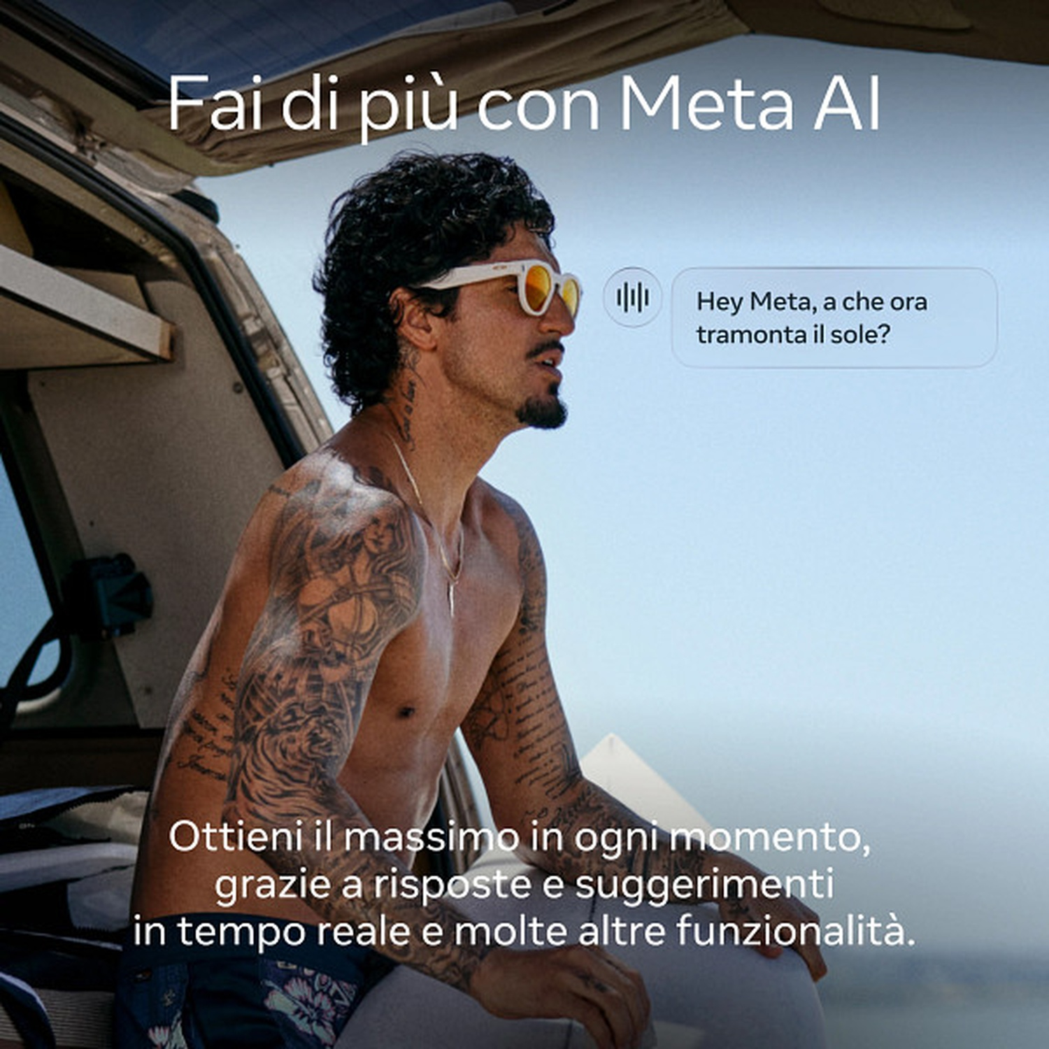 Uomo con tatuaggi e occhiali da sole, in un veicolo, con testo su Meta AI.