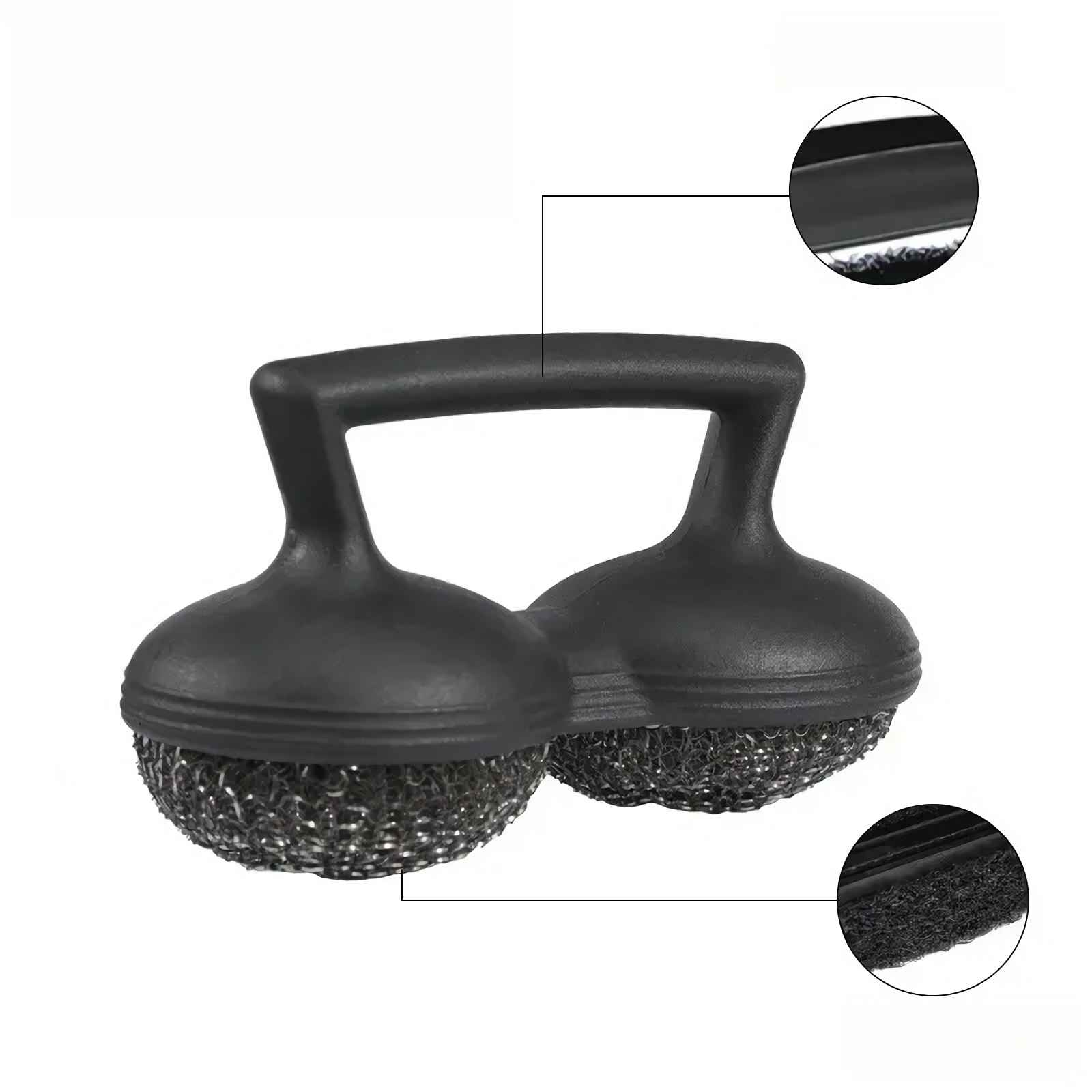 Schwarzer Doppel-Topfschrubber mit Griff und Stahlwolle-Reinigungspads.