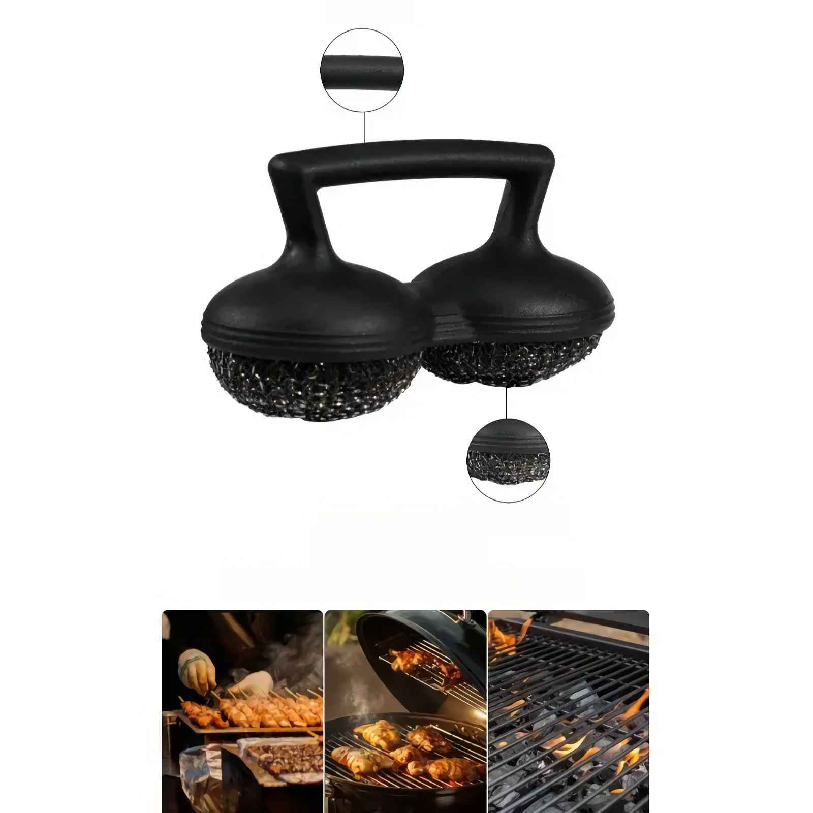 Schwarze Grillbürste mit doppelten Reinigungsköpfen, gezeigt mit Bildern von Grillgerichten.