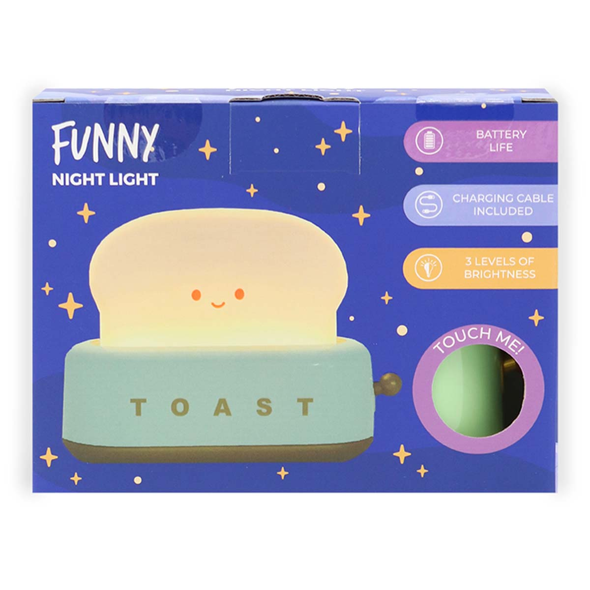 Eine "Funny Night Light"-Box zeigt eine süße Toast-förmige Lampe mit einem lachenden Gesicht.