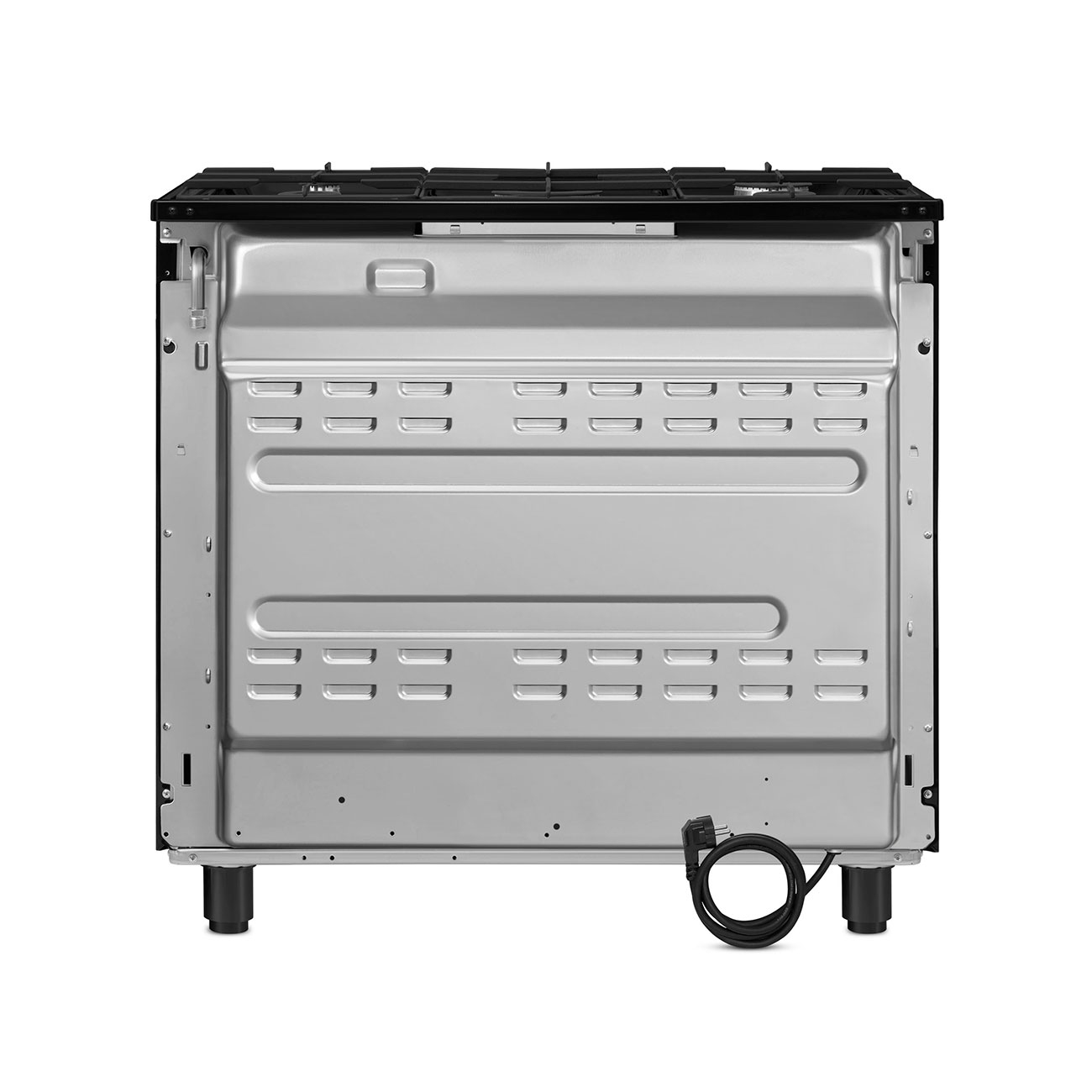 Vista posteriore di un forno a gas nero, che mostra la parte inferiore in metallo e un cavo di alimentazione avvolto.