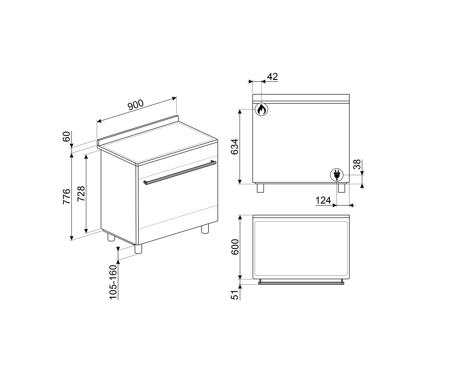 Disegno tecnico di una cucina a libera installazione con dimensioni e simboli.