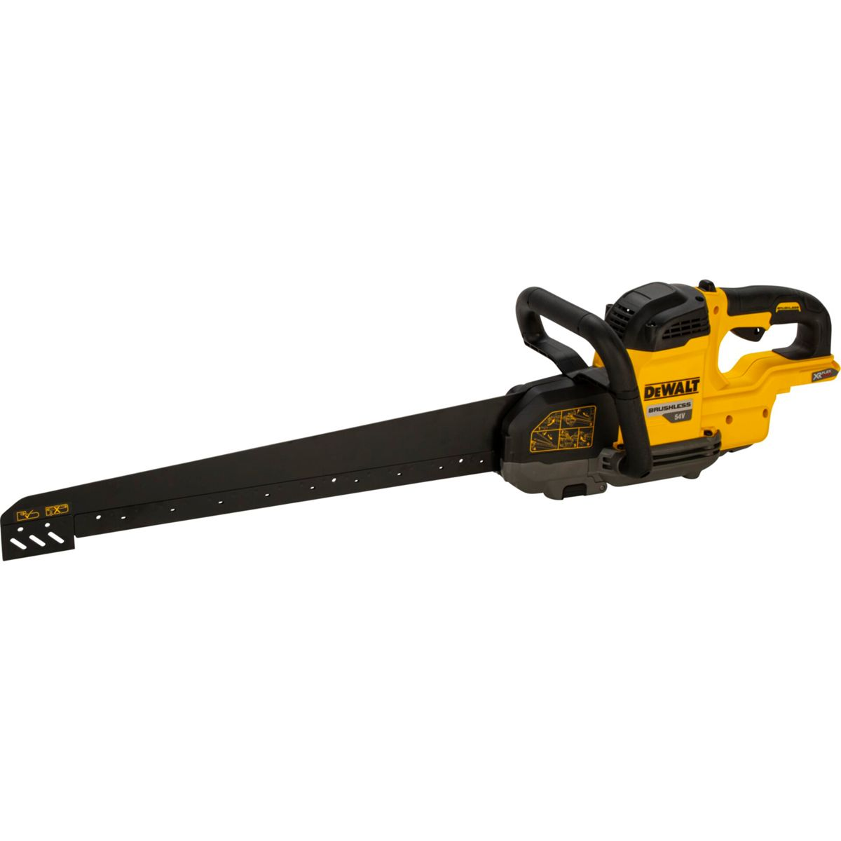 Gele en zwarte DeWalt borstelloze 54V kettingzaag met lange zwarte zaagblad en handgreep.