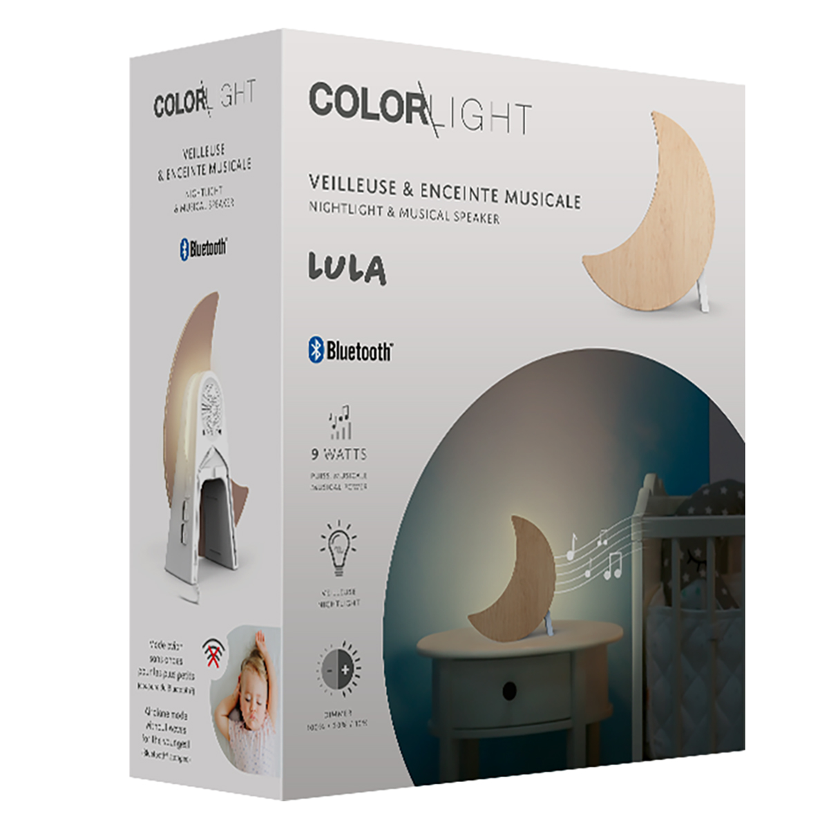 ColorLight Nachtlicht & Lautsprecher-Box. Mondform, Bluetooth, 9 Watt, Dimmfunktion.