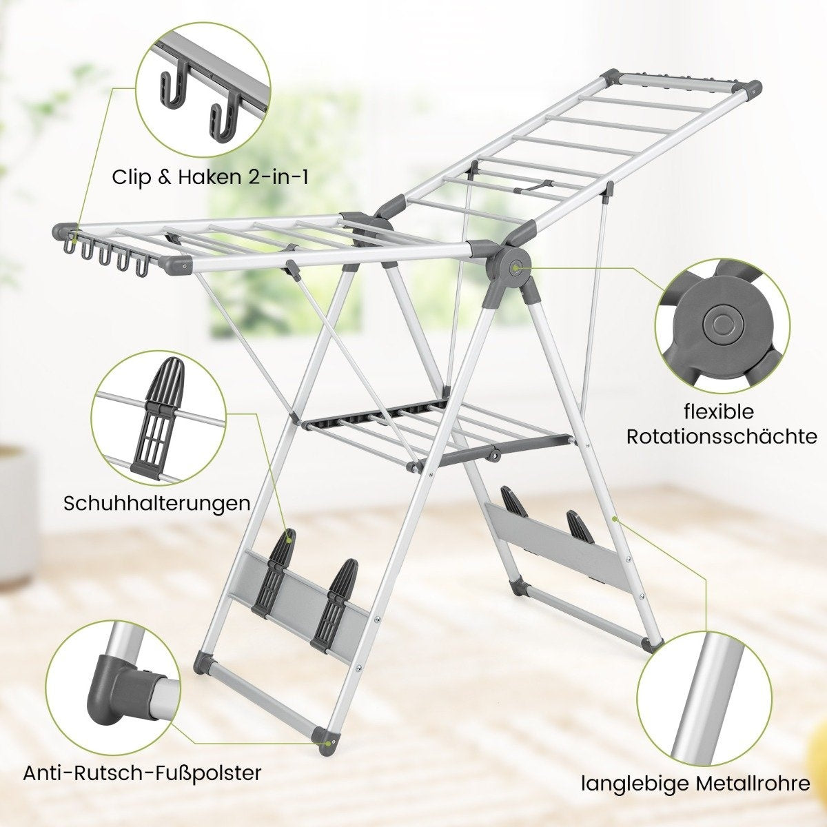 Un tendedero plegable de tubos metálicos con juntas flexibles y soportes para zapatos.