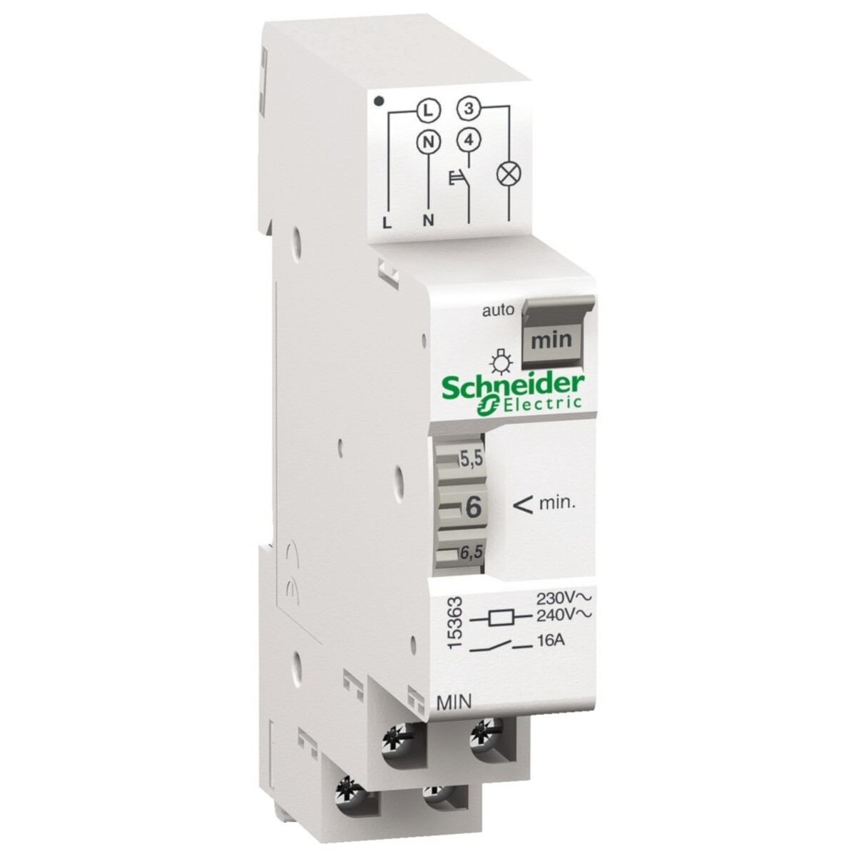 Interruttore temporizzatore Schneider Electric bianco con quadrante e segni chiari per impostazioni ora.