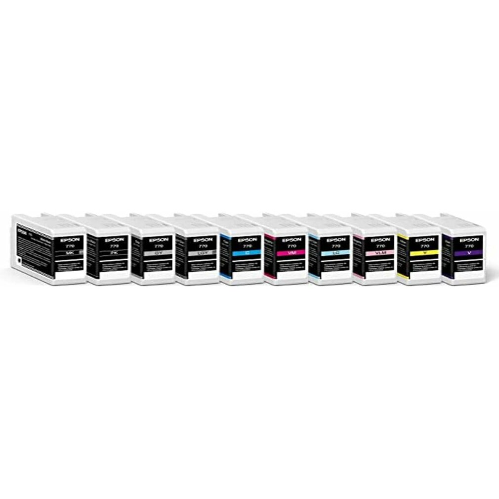 Tien Epson 770 inktcartridges in diverse kleuren, naast elkaar opgesteld.