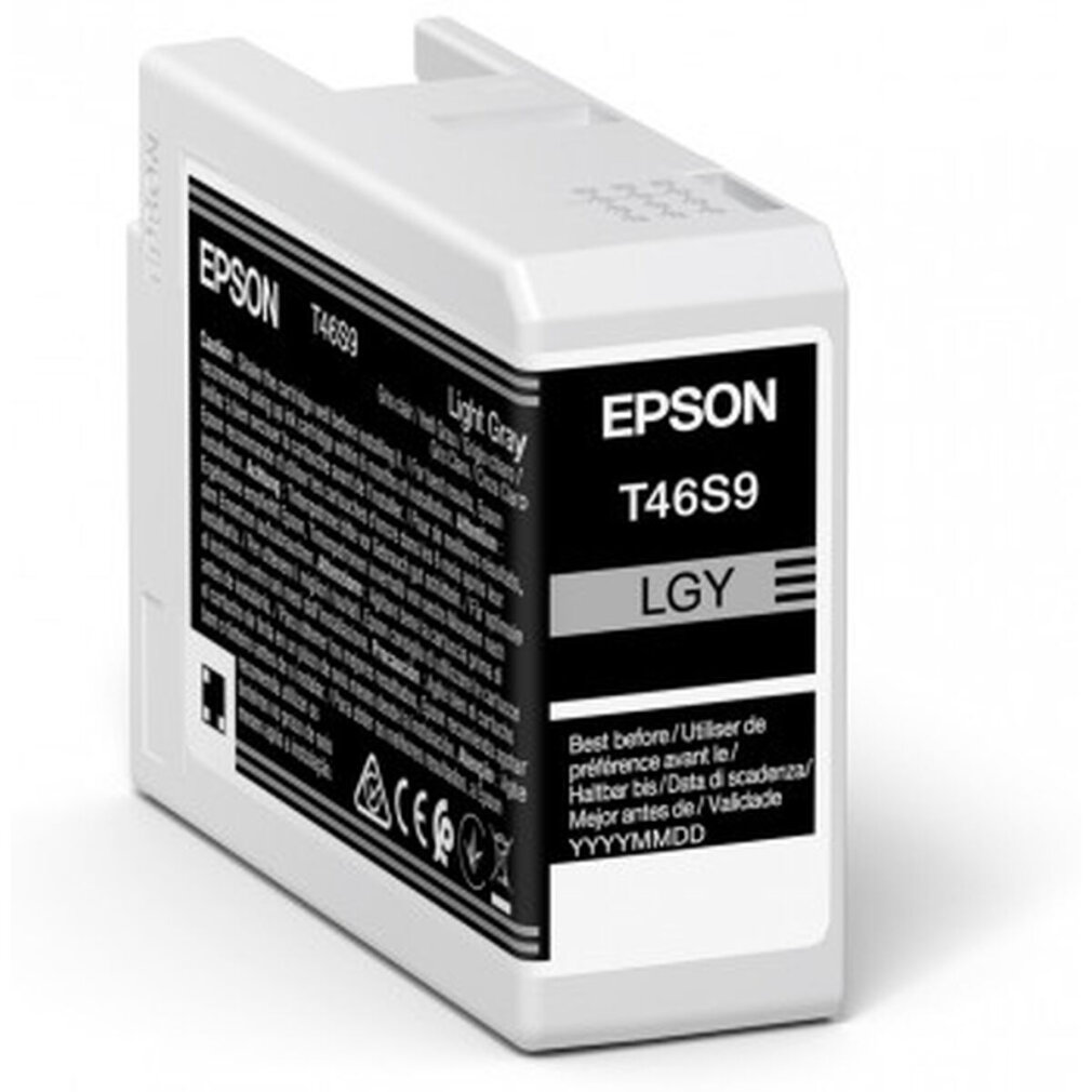 Een lichtgrijze Epson T46S9 inktcartridge met labels.