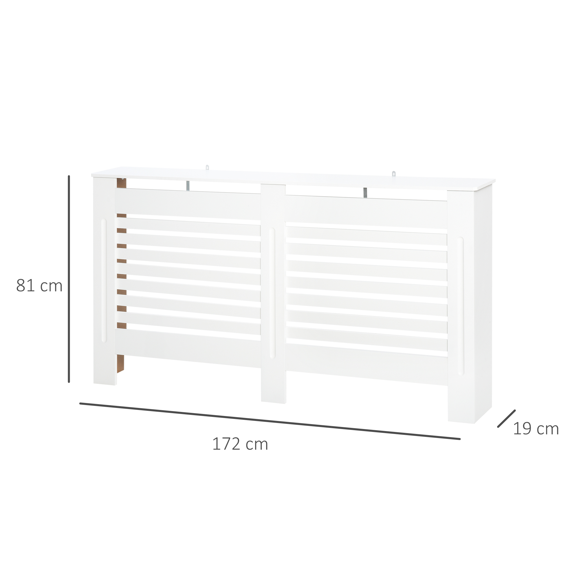 Copritermosifone bianco con lamelle, dimensioni 81x172x19 cm.