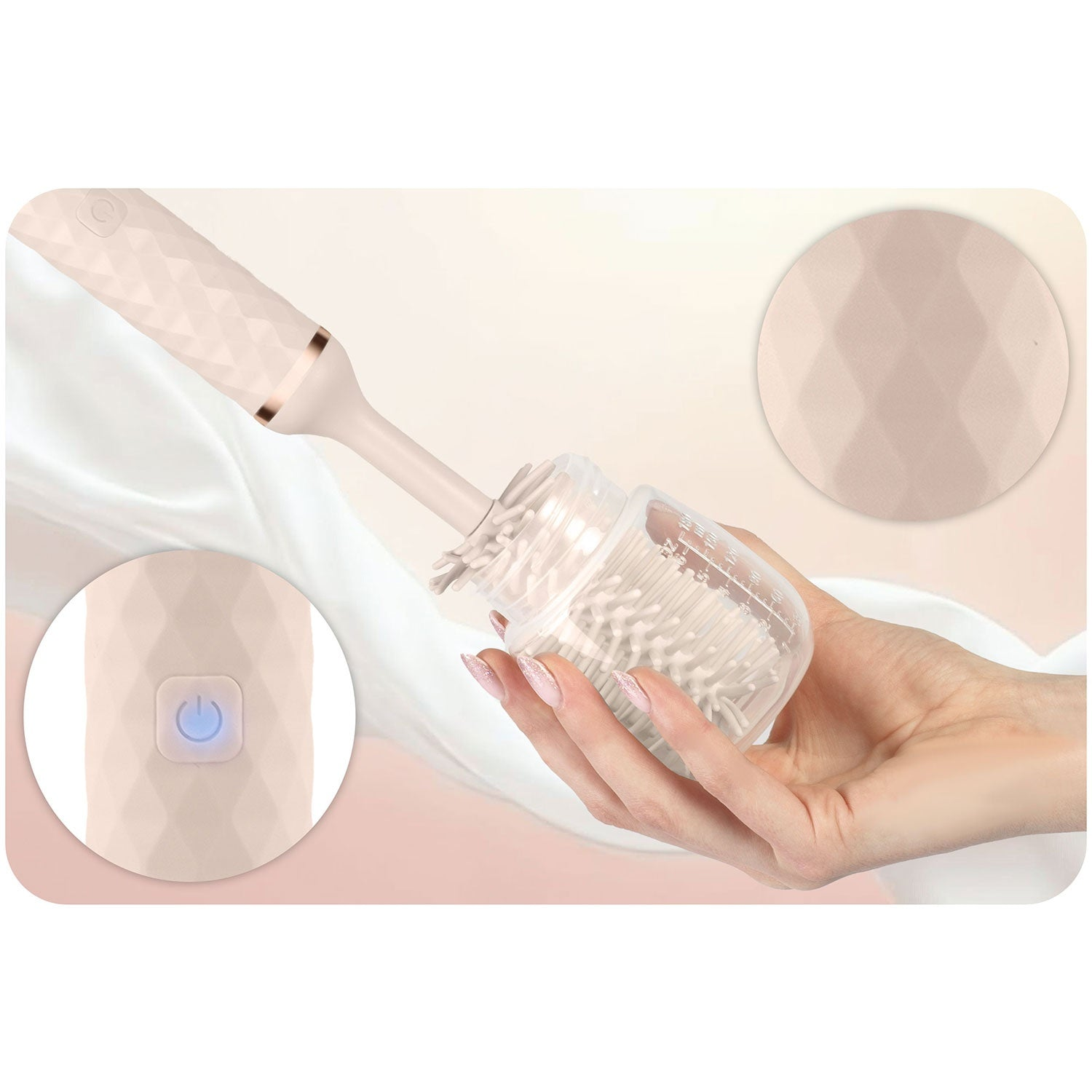 Una mano sostiene una botella transparente con cepillos de silicona. Se inserta un cepillo eléctrico rosa.