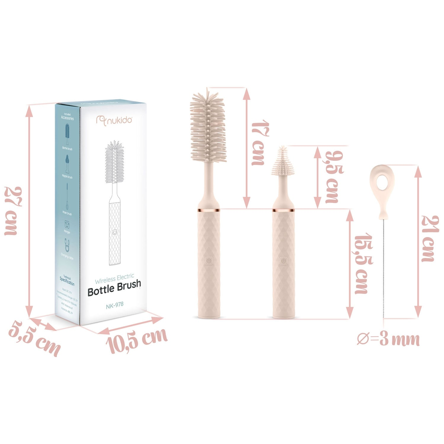 Set de cepillo eléctrico para biberones beige con medidas. Incluye caja, cepillo, cepillo para tetinas y accesorio.