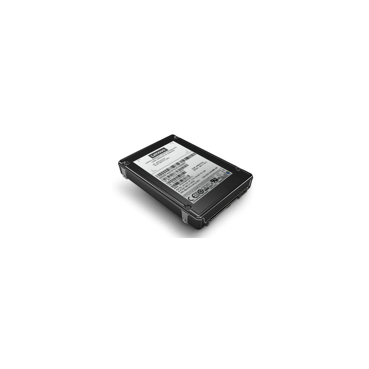 Un hard disk Lenovo nero con etichette informative sul prodotto è mostrato su sfondo bianco.