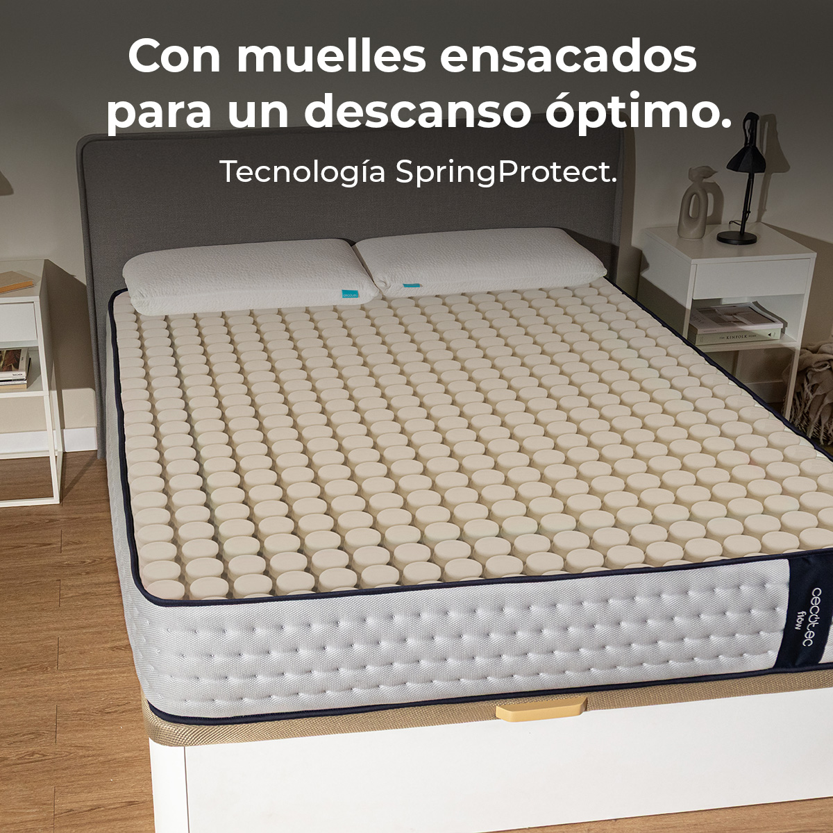 Una cama con muelles ensacados para un descanso óptimo. Colores blanco y gris.
