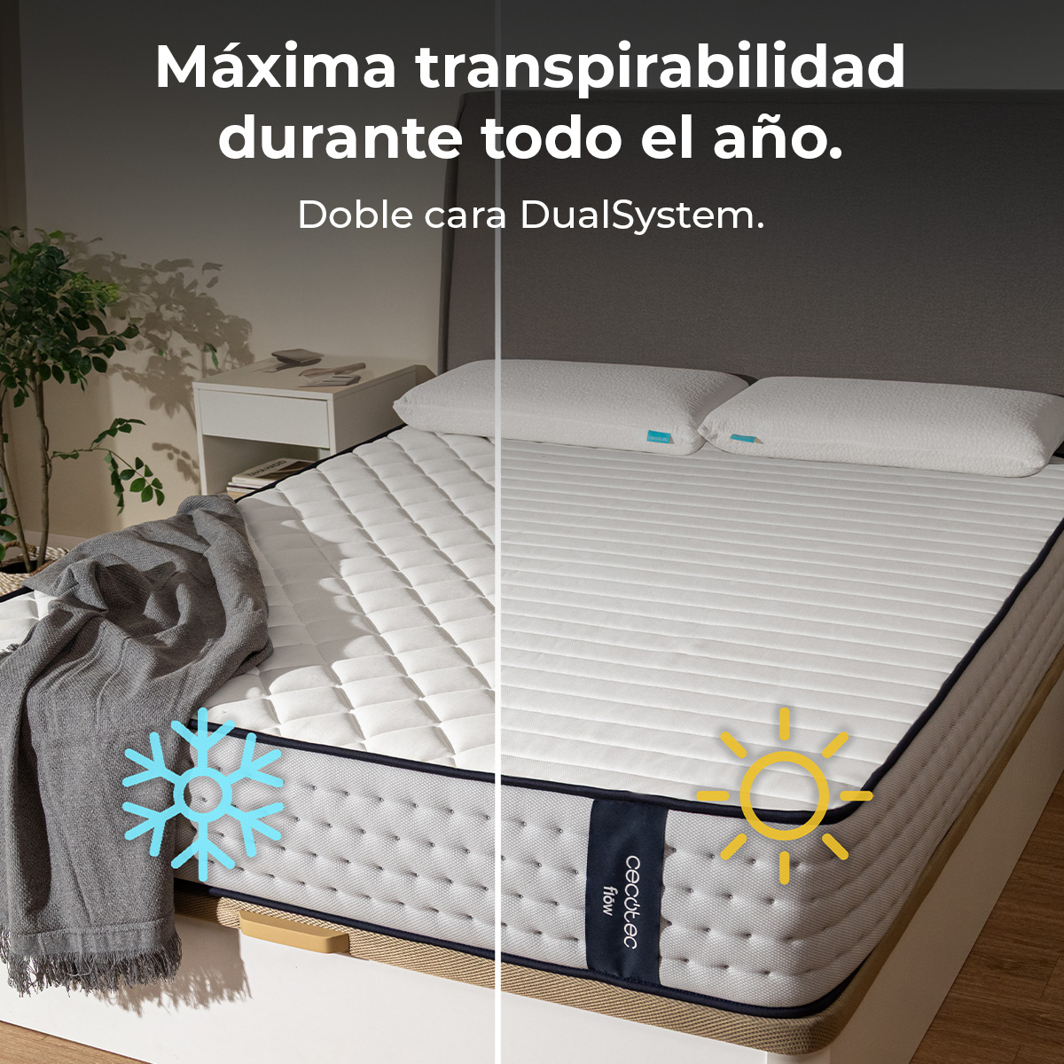 Se muestra un colchón con diseño dividido: un lado tiene un copo de nieve, el otro un sol.