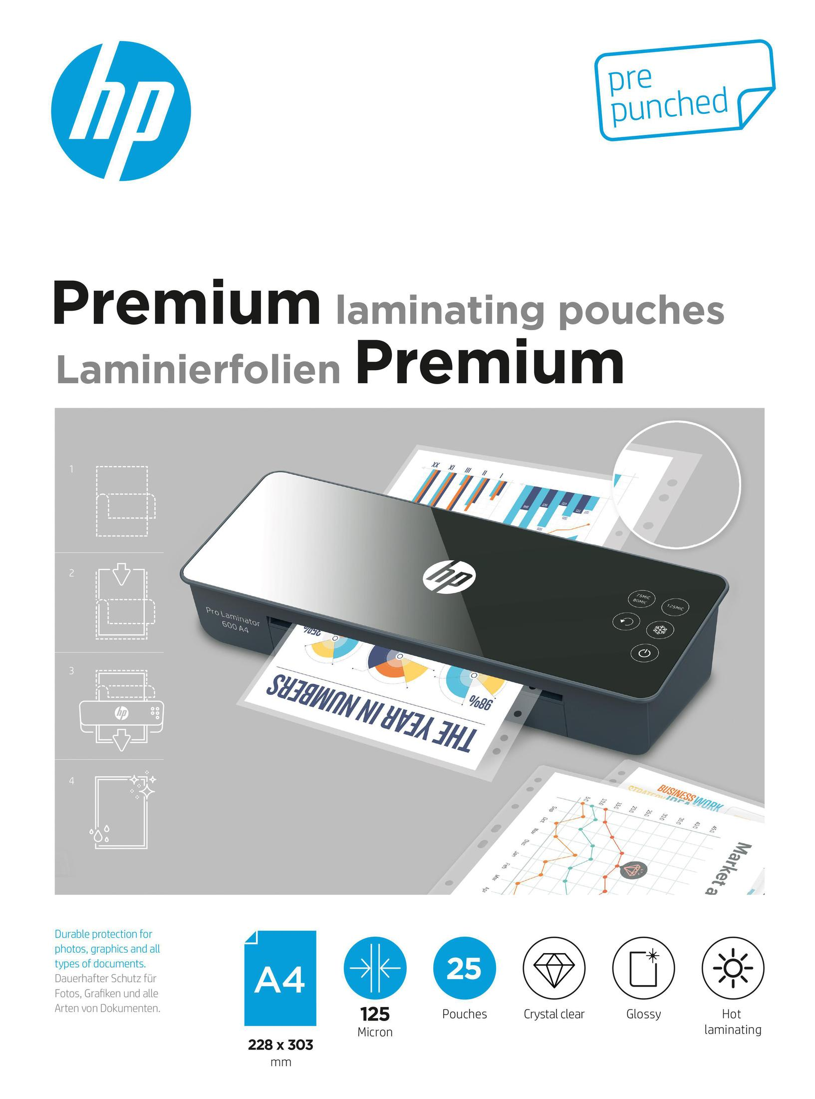 Plastificatrice HP Pro 600 A4 con buste per plastificazione premium. Caratteristiche: formato A4, 125 micron, 25 buste, cristallino, lucido, laminazione a caldo.