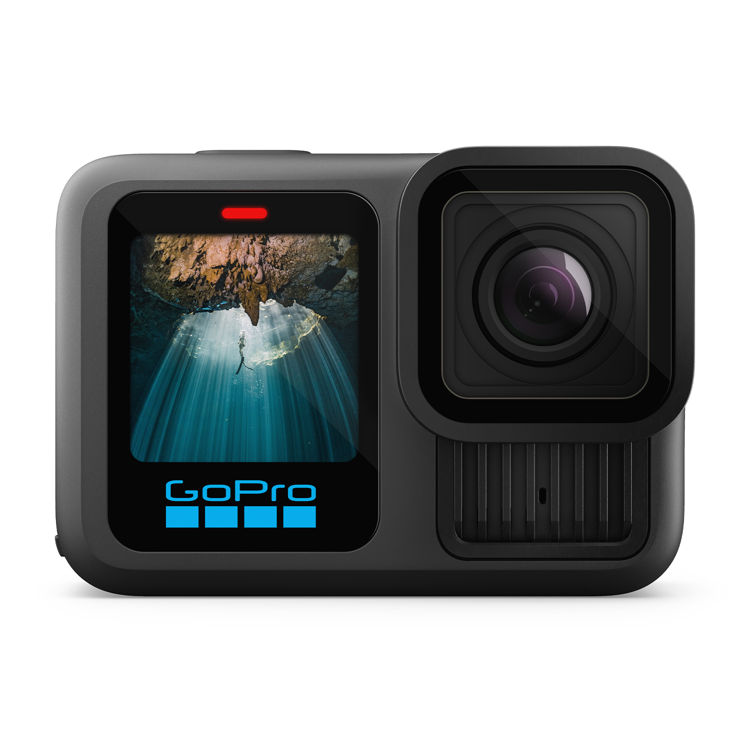 Fotocamera GoPro nera con subacqueo in grotta subacquea sullo schermo.