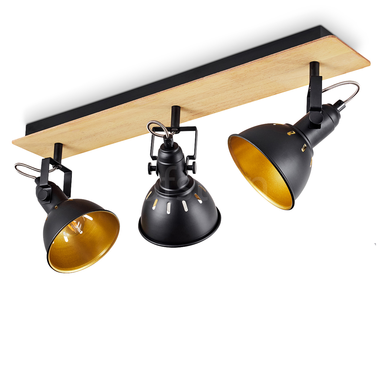Eine schwarze Deckenleuchte mit drei verstellbaren Spots und Holzsockel.
