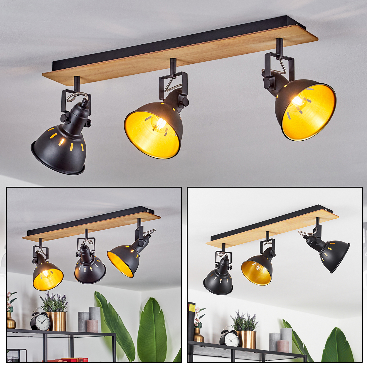 Eine schwarze Deckenleuchte im Industriestil mit drei verstellbaren Strahlern auf einem Holzbalken.
