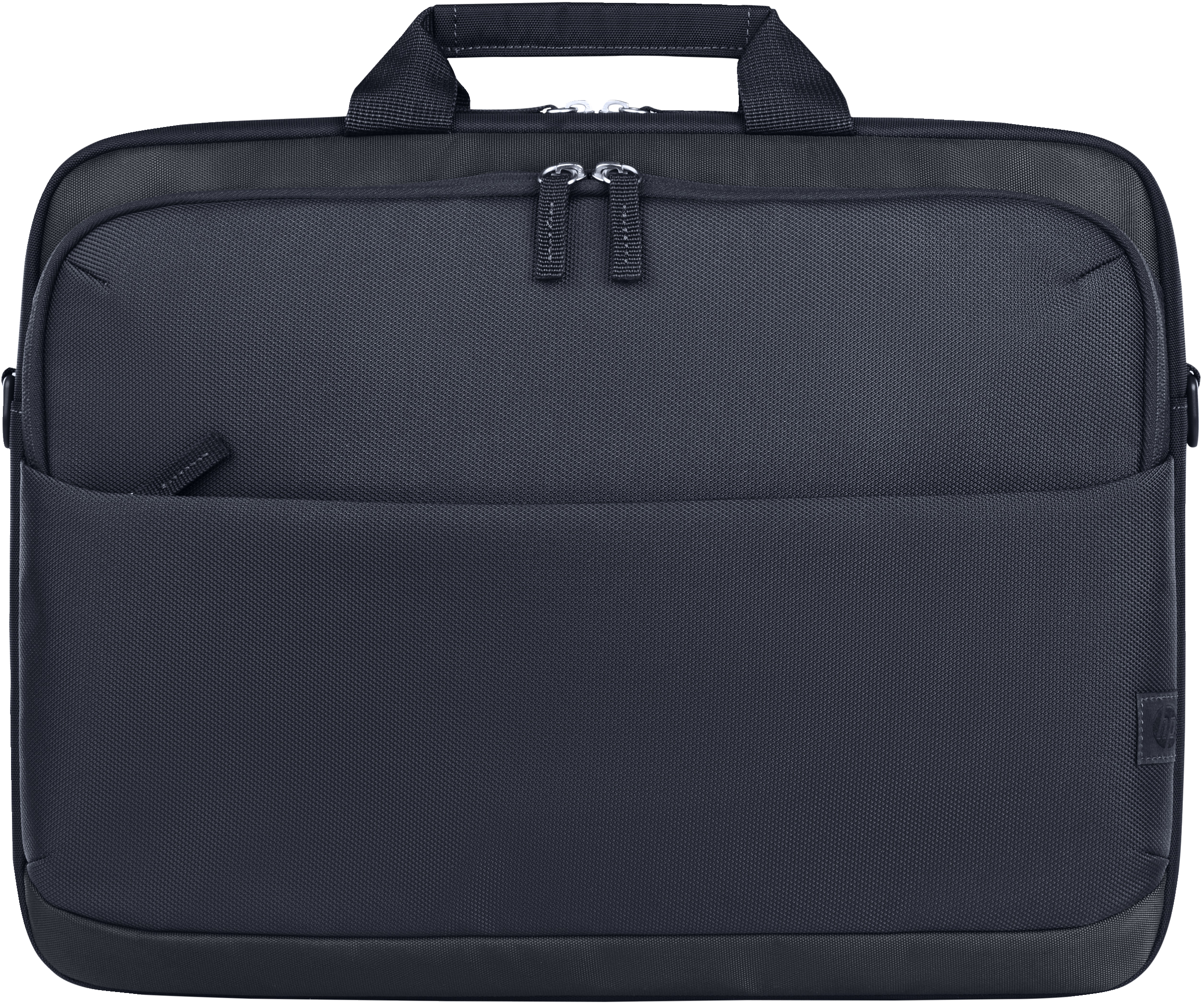 Dunkelgraue Laptoptasche mit zwei Reißverschlüssen und Henkel.