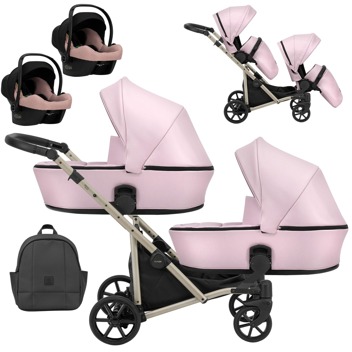 Pinker Kinderwagen mit zwei Liegewannen und zwei Babyschalen. Ein schwarzer Rucksack ist zu sehen.