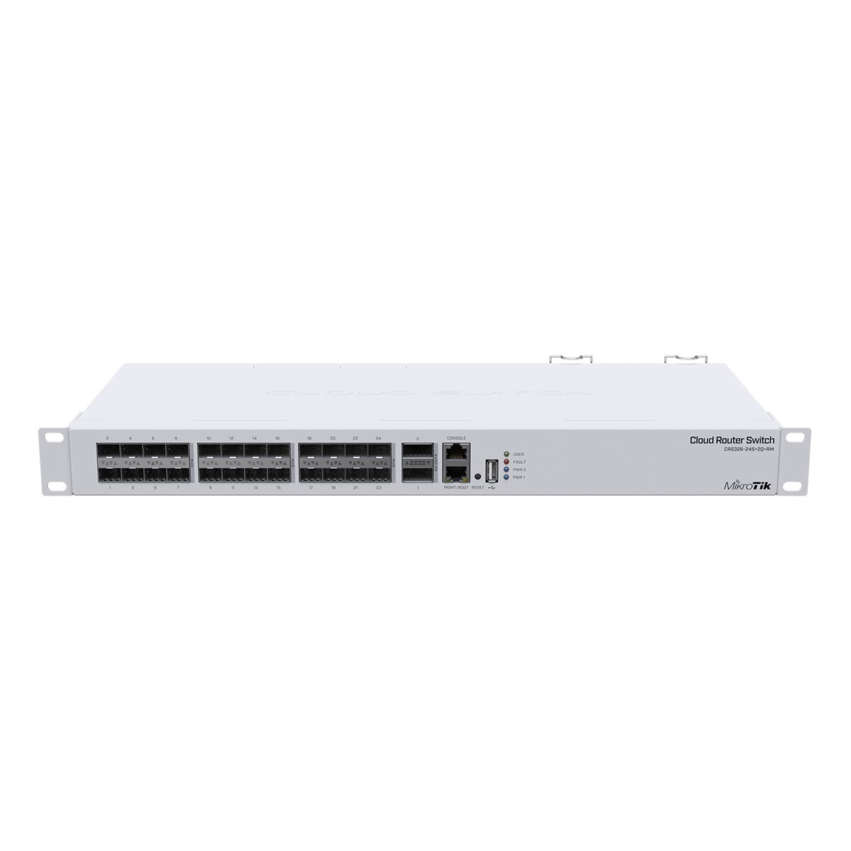 Switch Mikrotik Cloud Router CRS326-24S-20-RM bianco con 24 porte SFP e console.