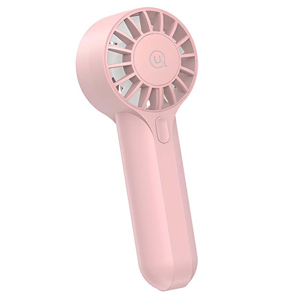 Ein pinker Handventilator mit einem runden Gitter und einem Logo vorne.