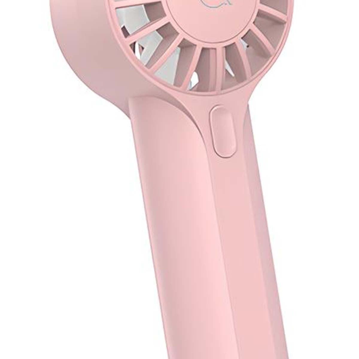 Nahaufnahme eines rosa Handventilators, der Griff und Teil des Ventilatorkopfes zeigt.